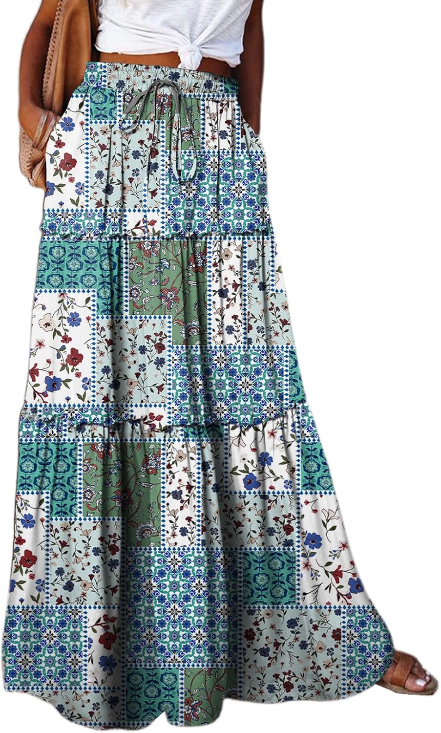 Happy Sailed Womens Floral Print Boho Maxi Skirt Elastic High Waist Pleated Ruff...