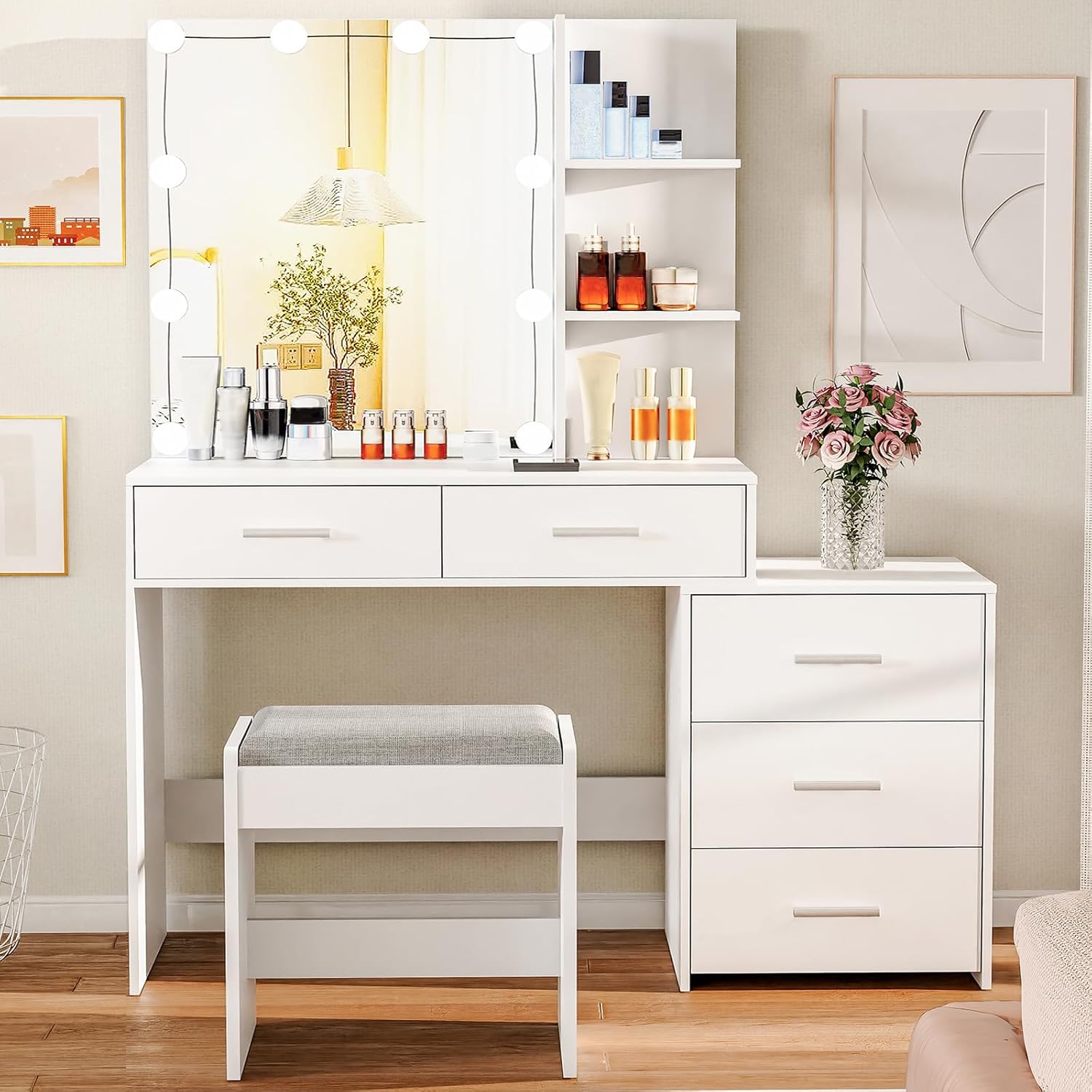 usikey 43.5in Large Vanity Desk with Mirror and 10 LED Lights, Makeup Vanity Tab...