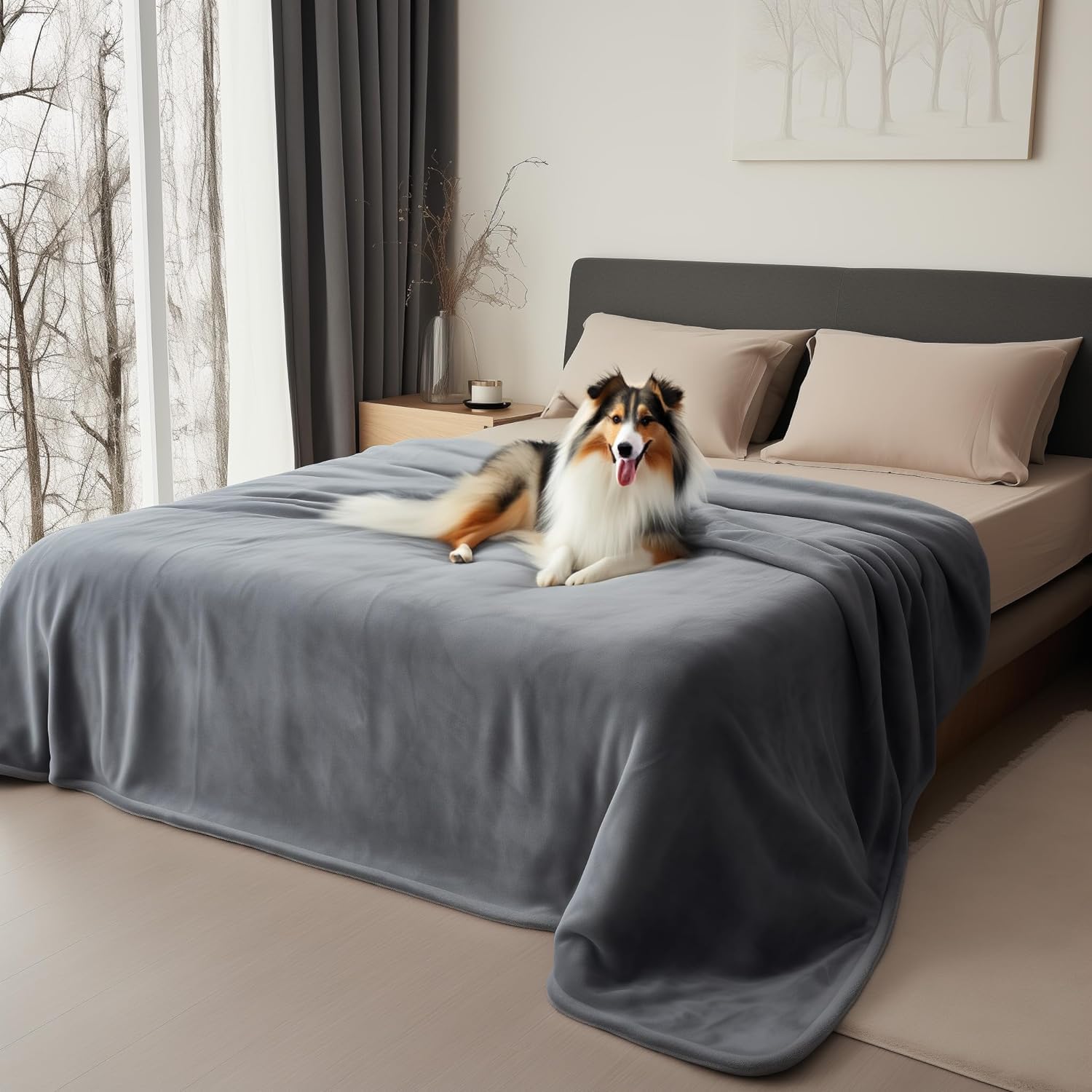 Waterproof Blanket for Bed, Flannel Blanket Waterproof, Grey Throw Blanket Leakp...