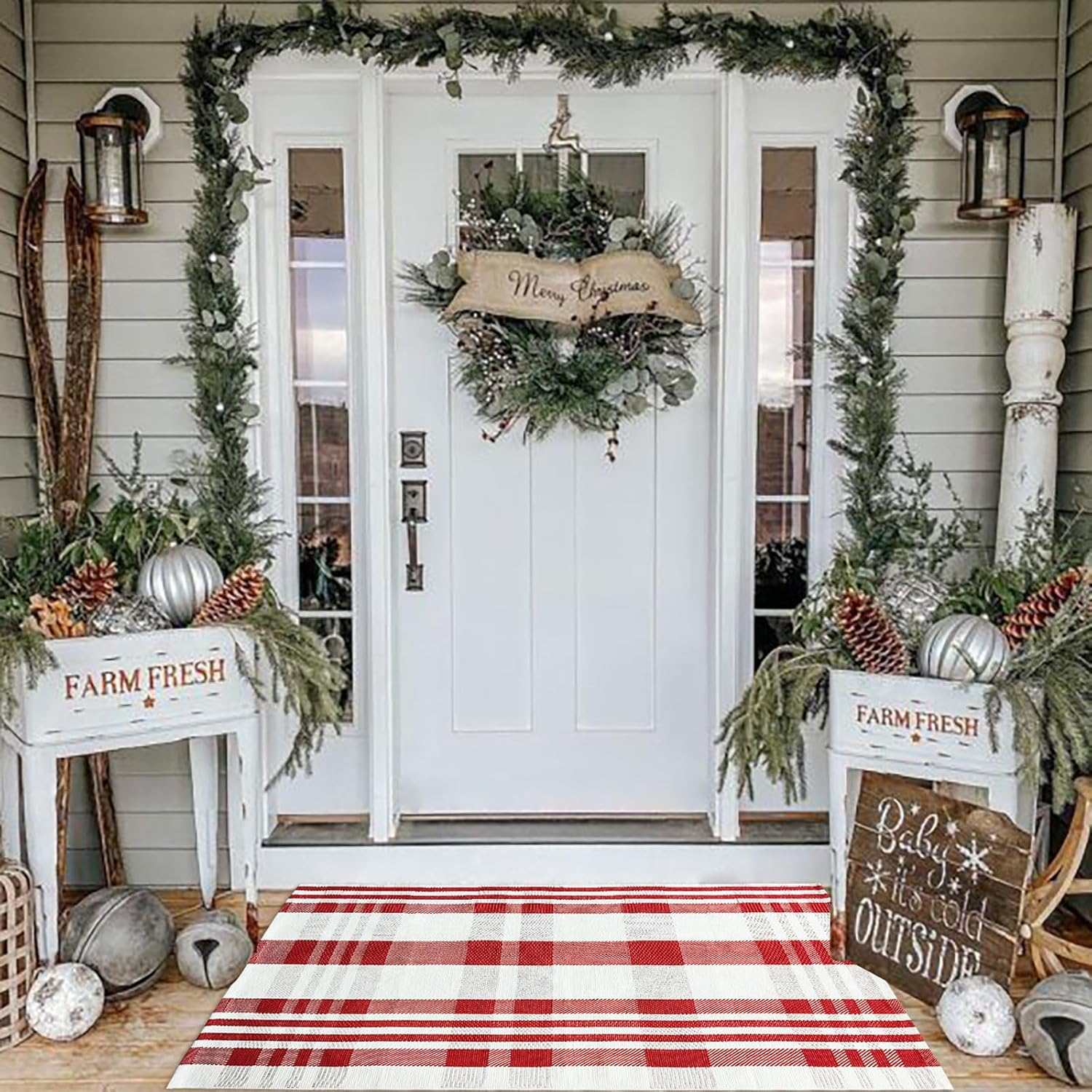 Christmas Plaid Outdoor Rug, 27.5''x43'' Red&White Check Indoor/Outdoor Area Rug...
