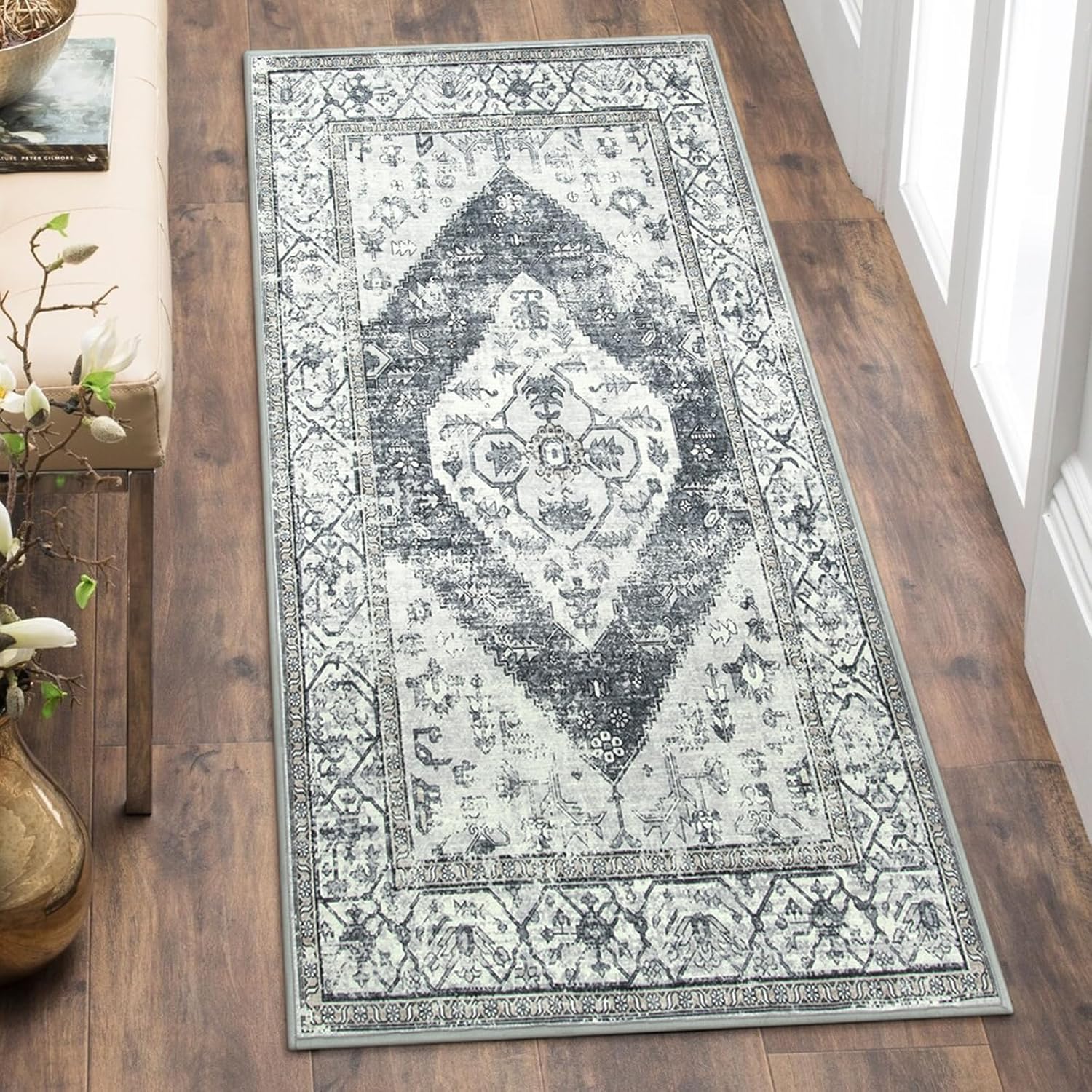Lahome Boho Grey Runner Rug for Hallway - 2x4 Rug Washable Non-Slip Small Runner...