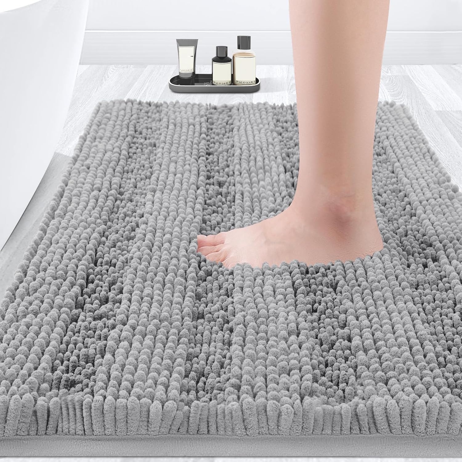 ACCUMTEK Striped Light Grey Bathroom Rug Mat 36"x24" Ultra Soft, Non Slip Chenil...