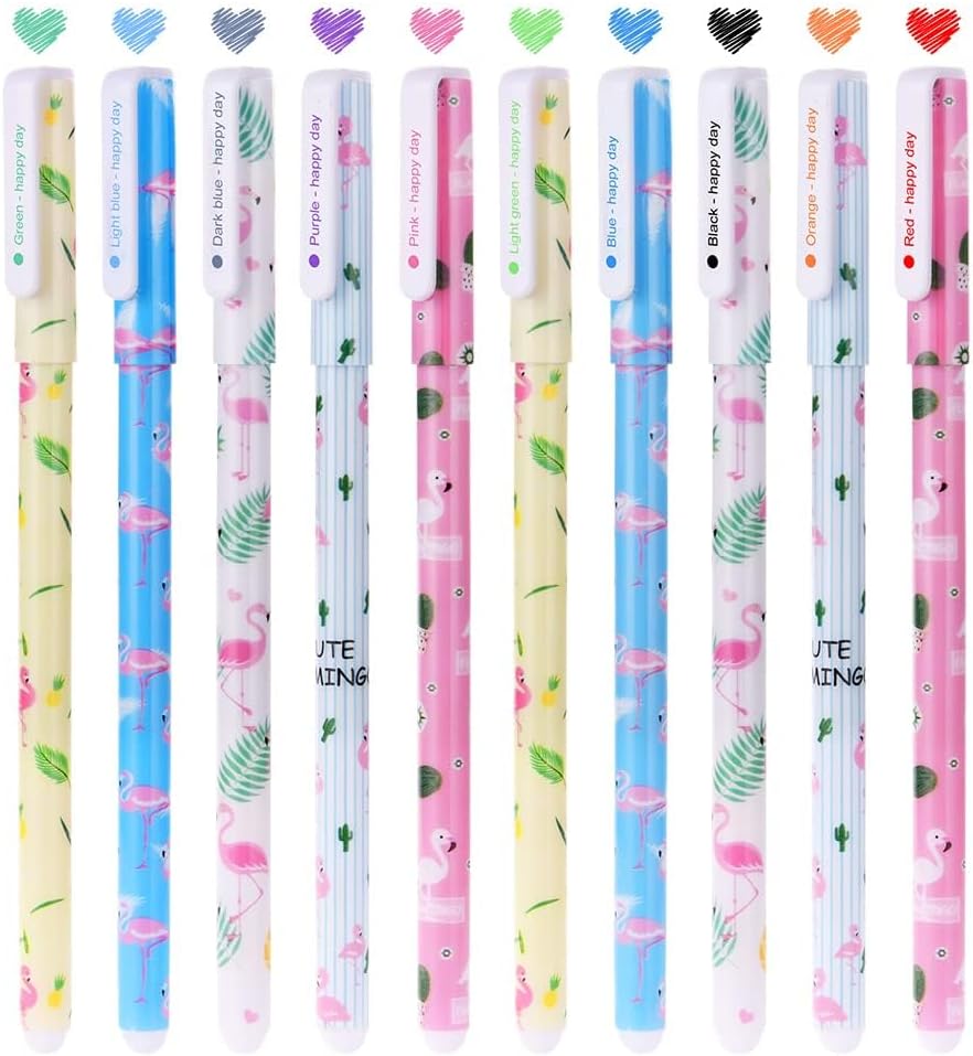 OFFCUP Cute Colour Pens, 10pcs Flamingo Gel Ink Pen, 0.38mm Roller Ball Pens Liq...