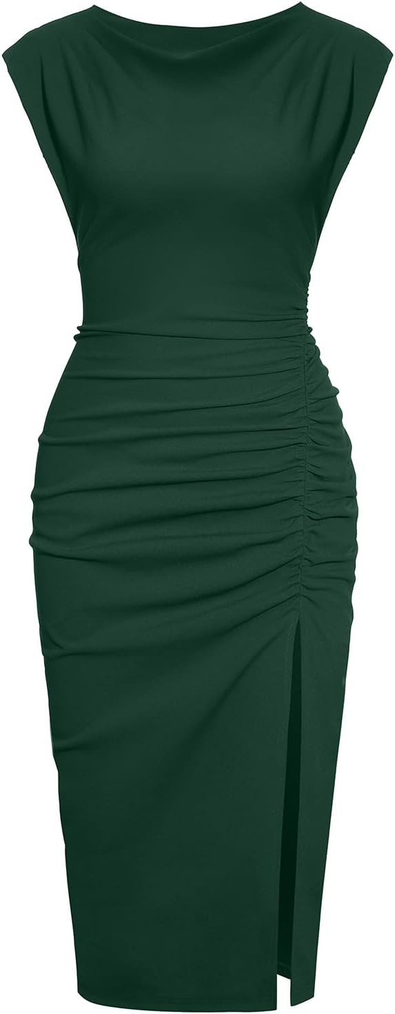 IHOT 2024 Women's Mock Neck Side Slit Ruched Bodycon Cocktail Party Wedding Gues...