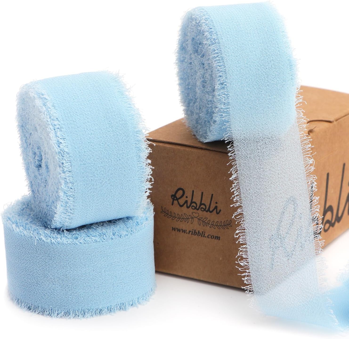 Ribbli Baby Blue Ribbon 1 Inch x 3 Rolls Total 24 Yards Light Blue Handmade Frin...