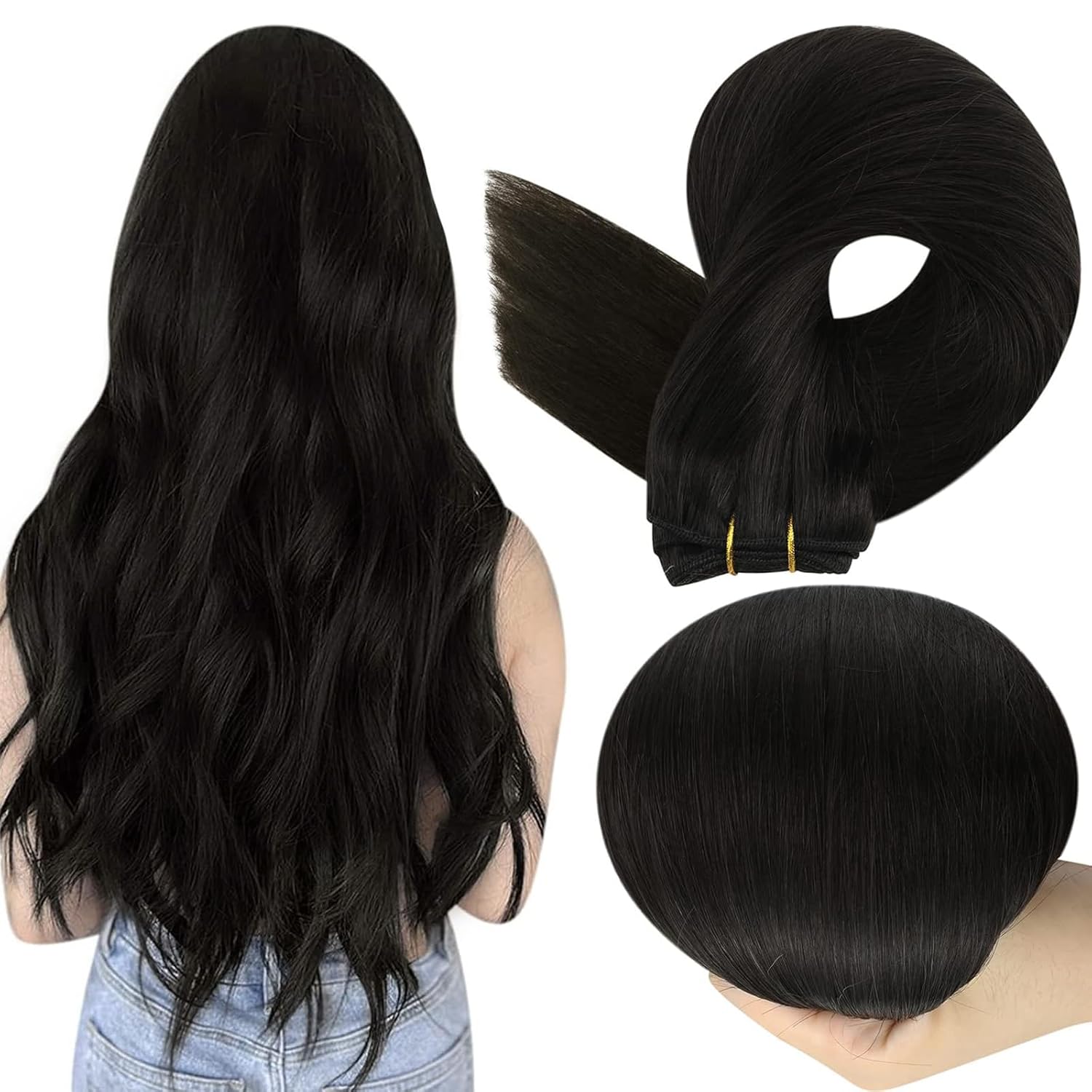 Full Shine Sew In Hair Extensions Real Hair Extensions Remy Straight Off Black H...