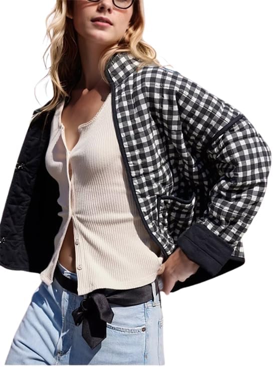Omoone Women's Cropped Quilted Jacket Floral Printed LightWeight Padded Puffer C...