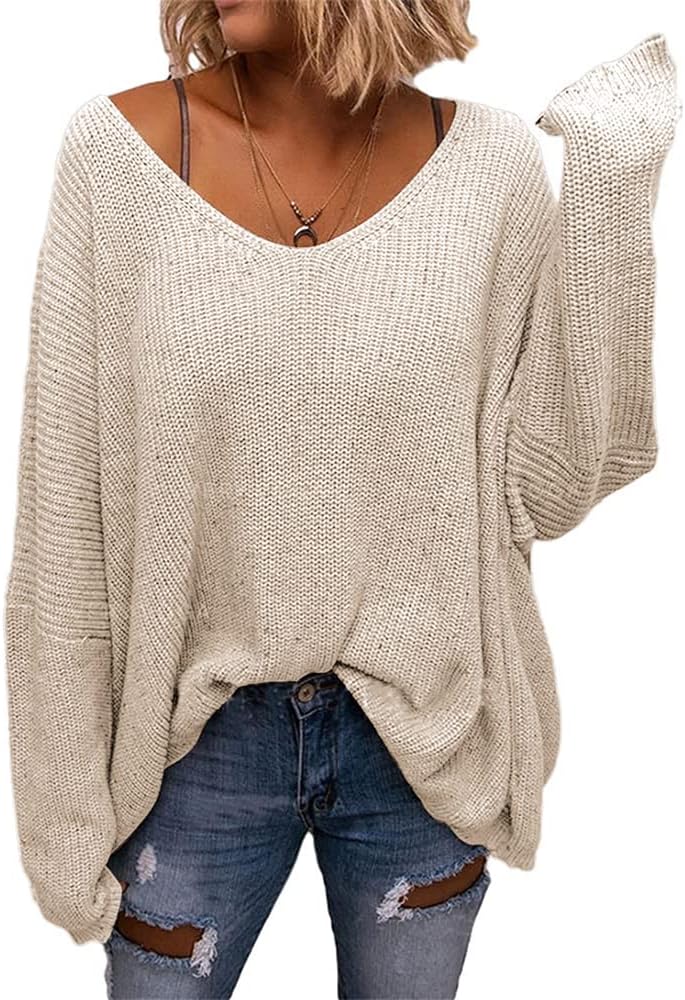 BZB Women's V Neck Long Sleeve Knit Loose Oversized Pullover Sweater Top Large X...
