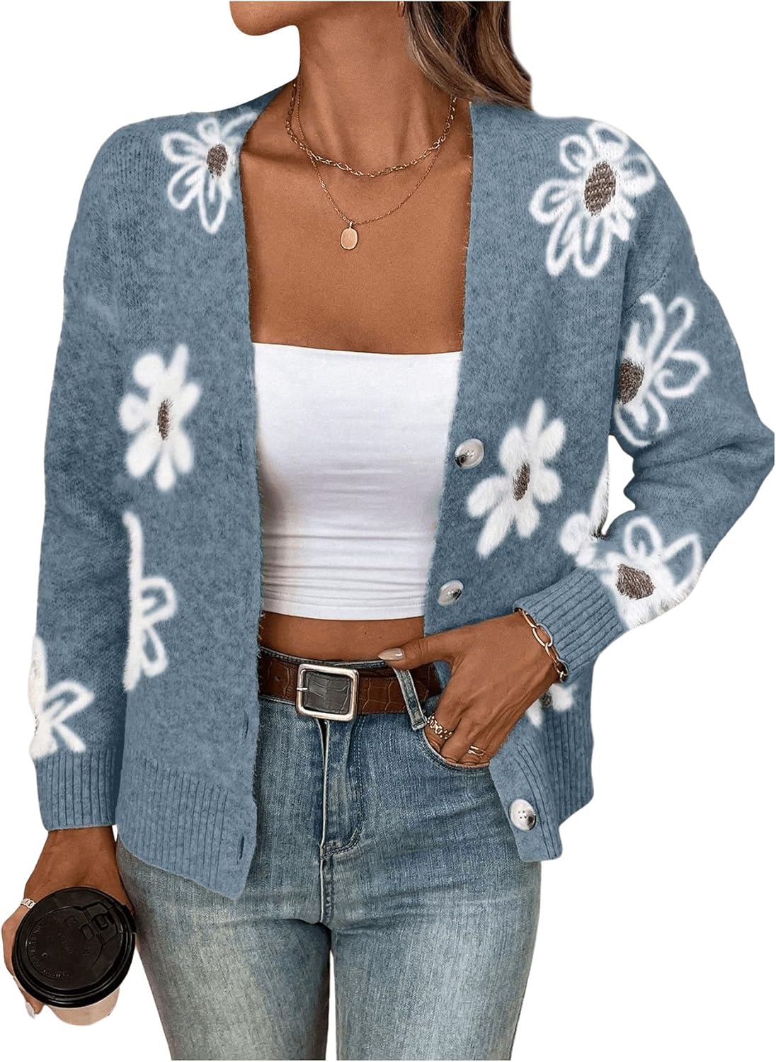 SHENHE Women's Floral Print Button Down Cardigan V Neck Drop Shoulder Knit Outer...