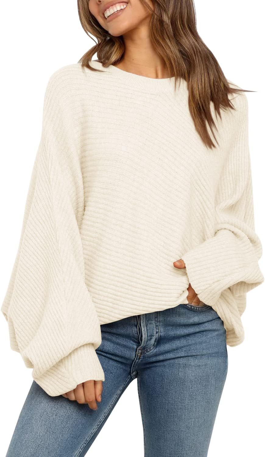 Mafulus Women's Oversized Crewneck Sweater Batwing Puff Long Sleeve Cable Slouch...