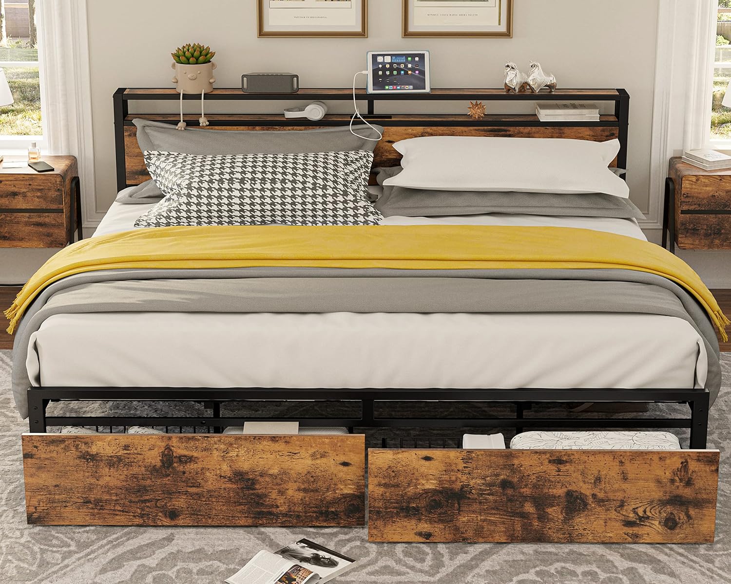 LIKIMIO King Bed Frame with Storage Headboard, Platform Bed with Drawers and Cha...