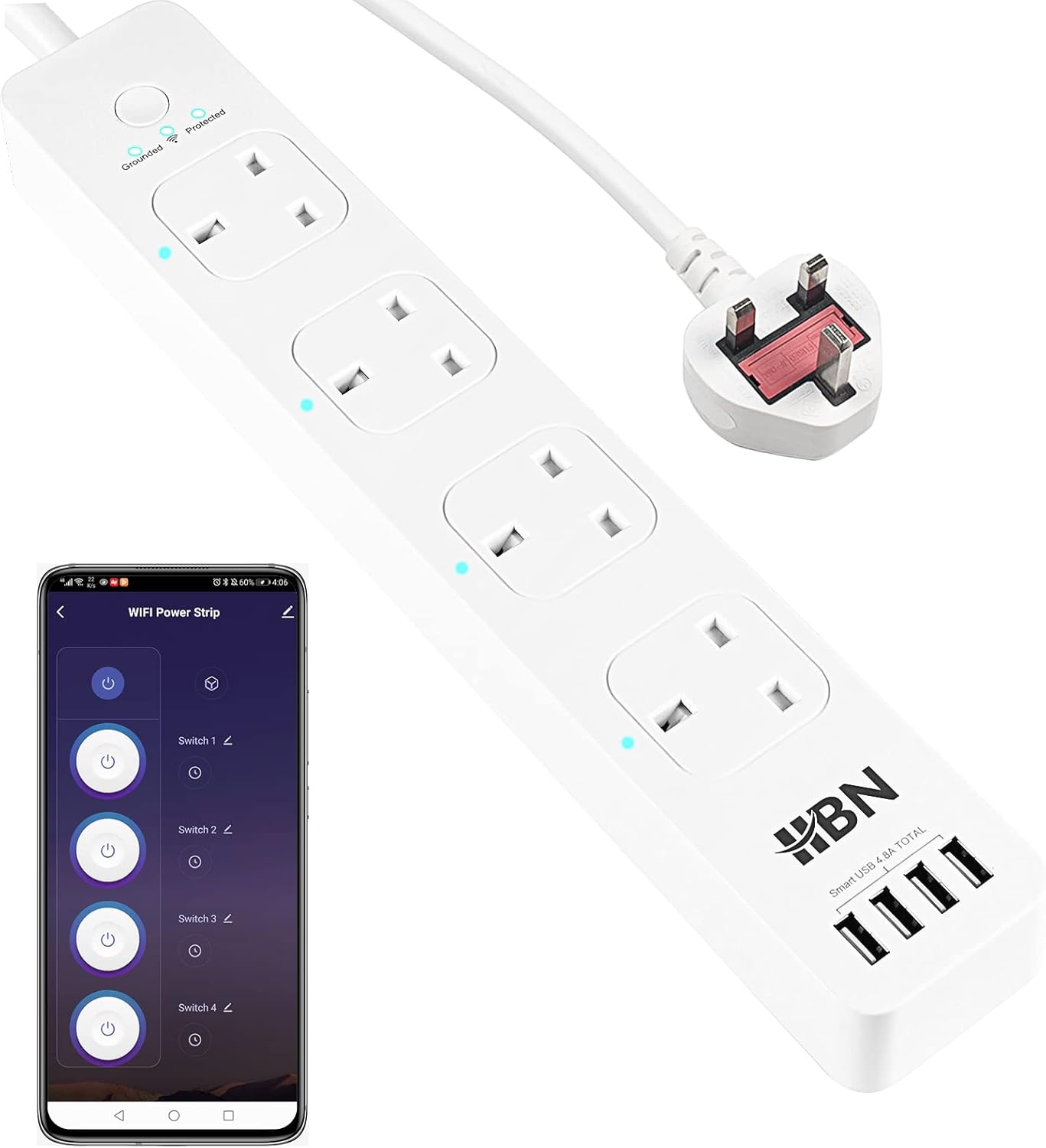 HBN Smart Wi-Fi Power Strip with 4 AC Outlets 4 USB Ports with 1.8 Meter Power C...