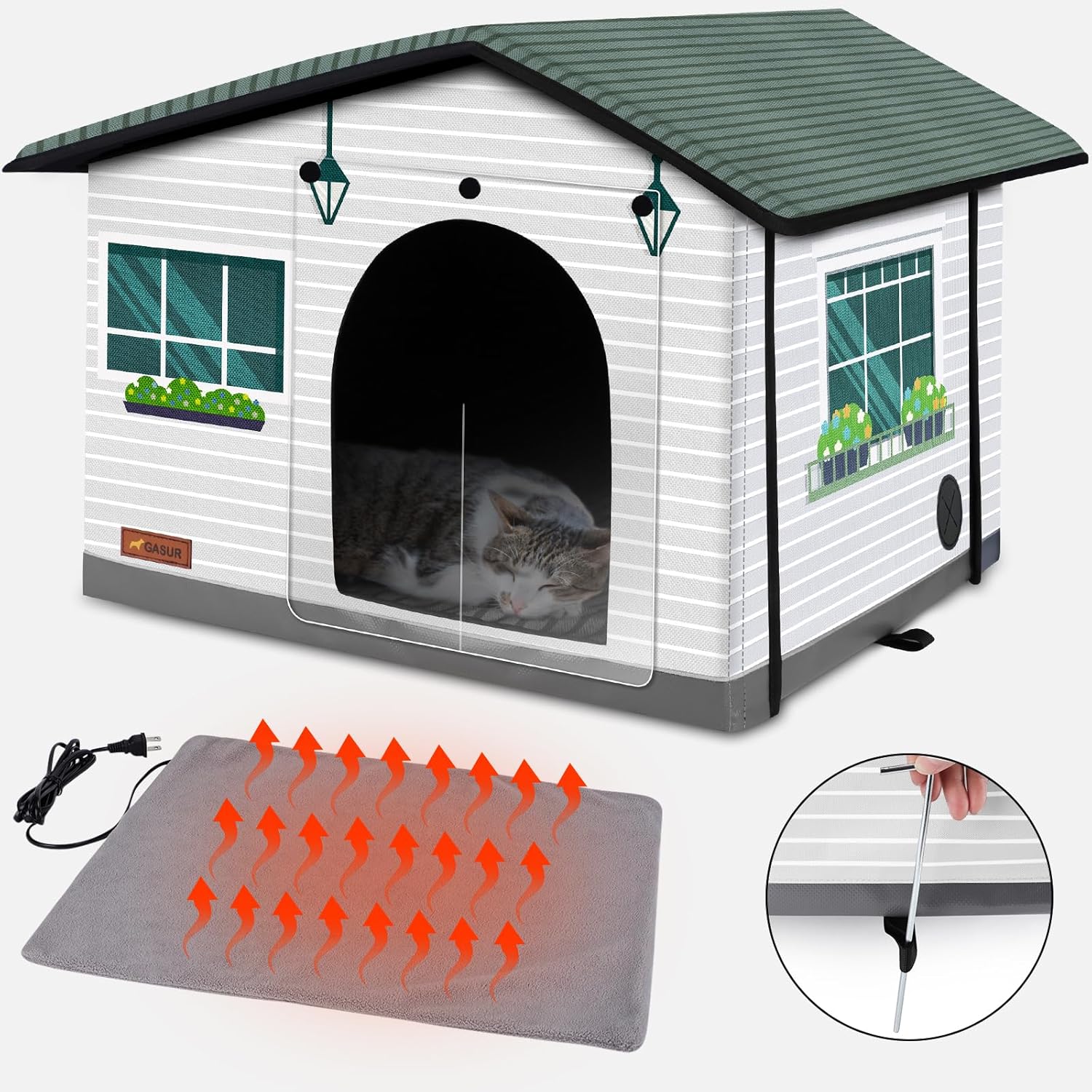 GASUR Weatherproof Heated Cat House, Insulated Heated Cat House Indoor/Outdoor w...