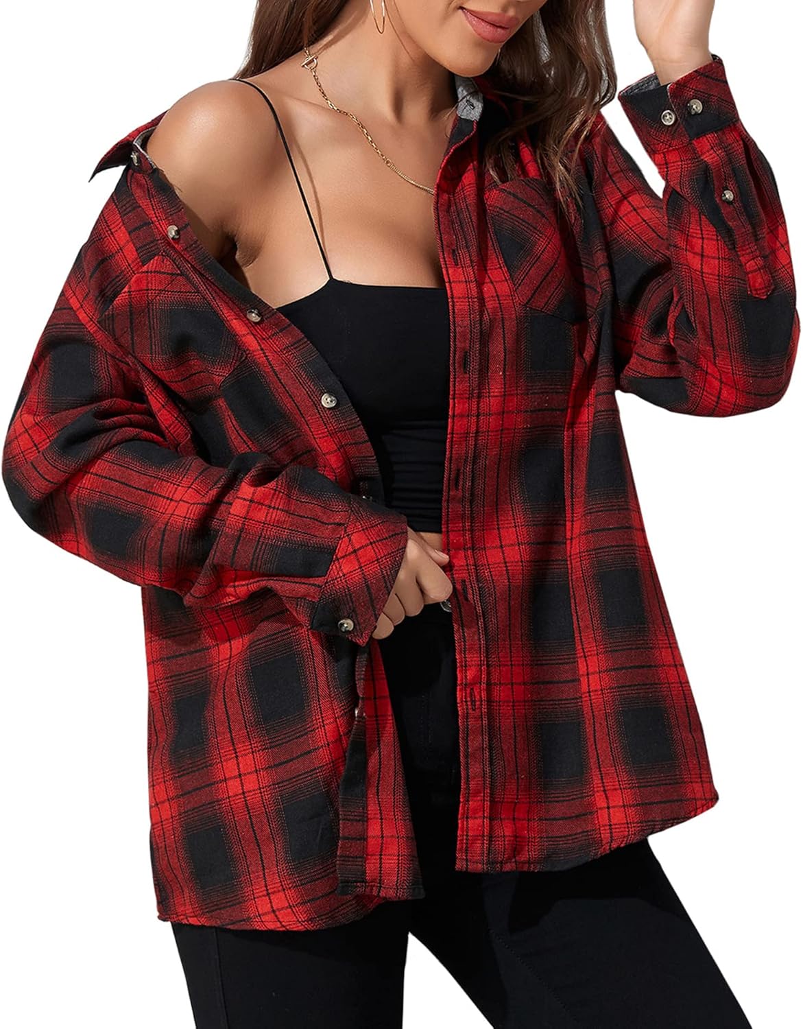 Deer Lady Plaid Flannel Shirts for Women Buffalo Plaid Shirts Oversized Long Sle...