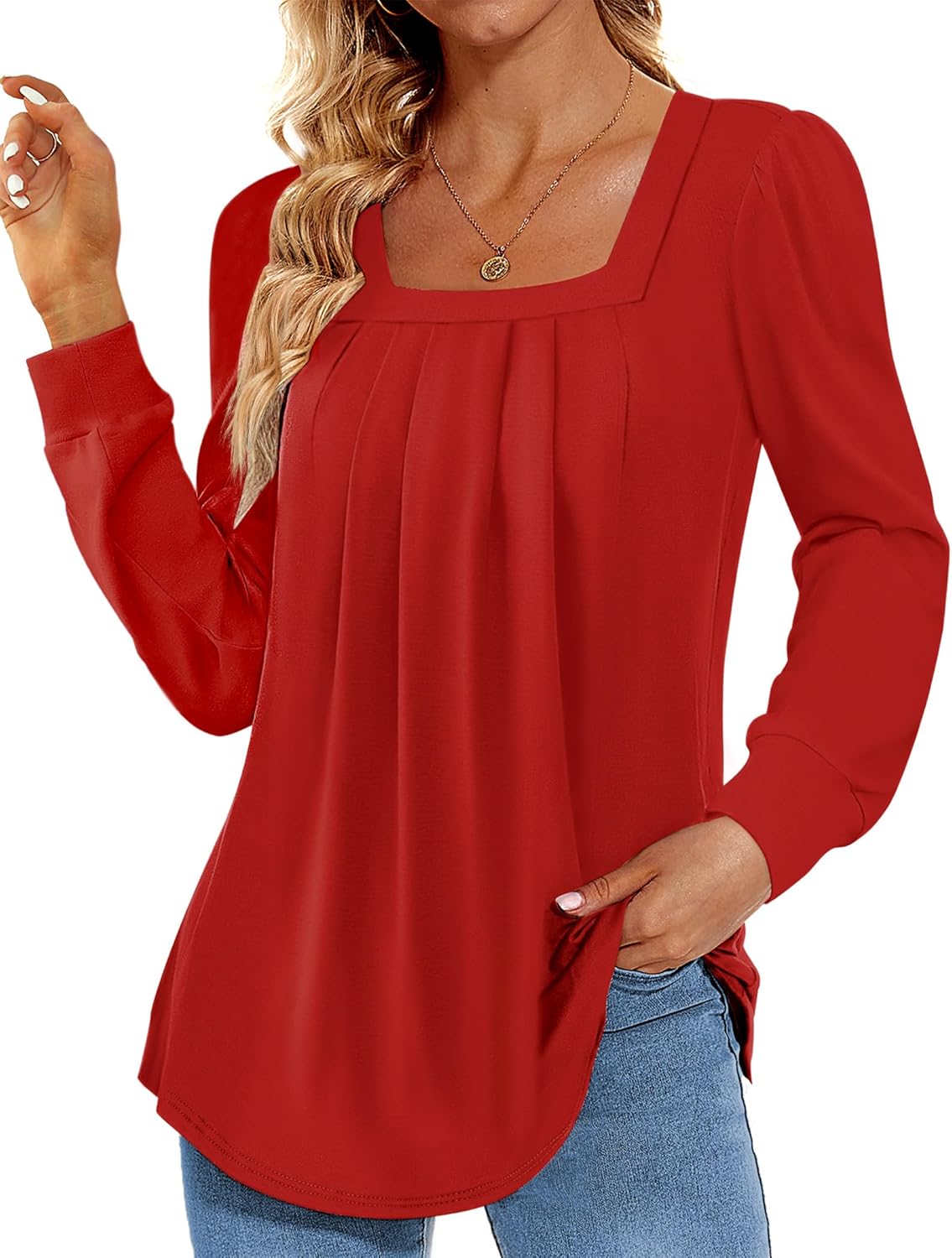 Funlingo 2024 Women's Long Sleeve Tops Dressy Pleated Square Neck Tunic Blouses...