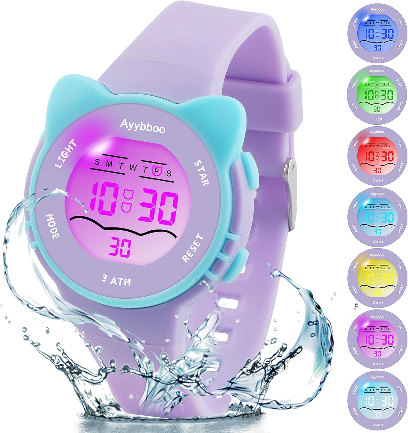 Ayybboo Kids Watch,Toddler Digital Watch with 7 Color Lights & Kitten Design,Wat...