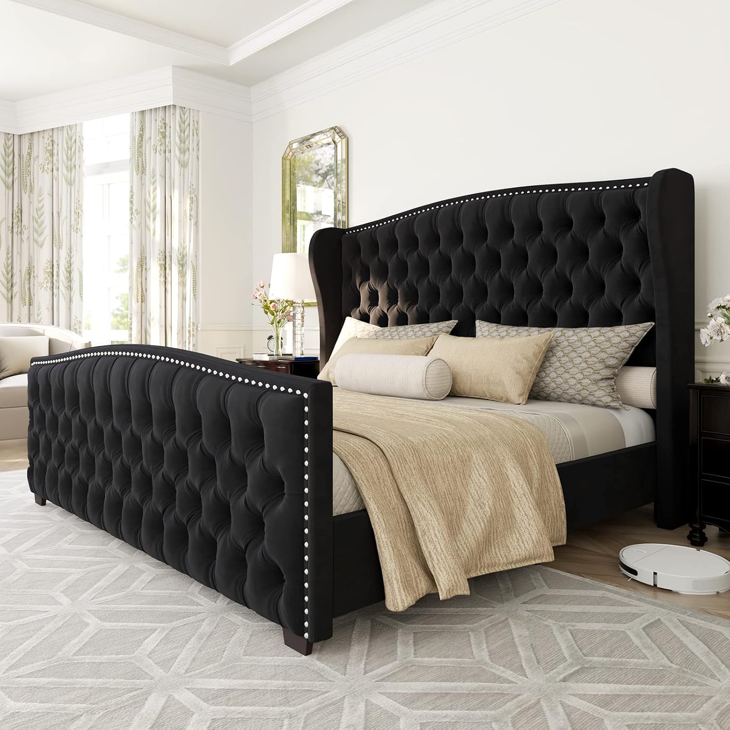 AMERLIFE Queen Size Platform Bed Frame, Velvet Upholstered Bed with Deep Button...
