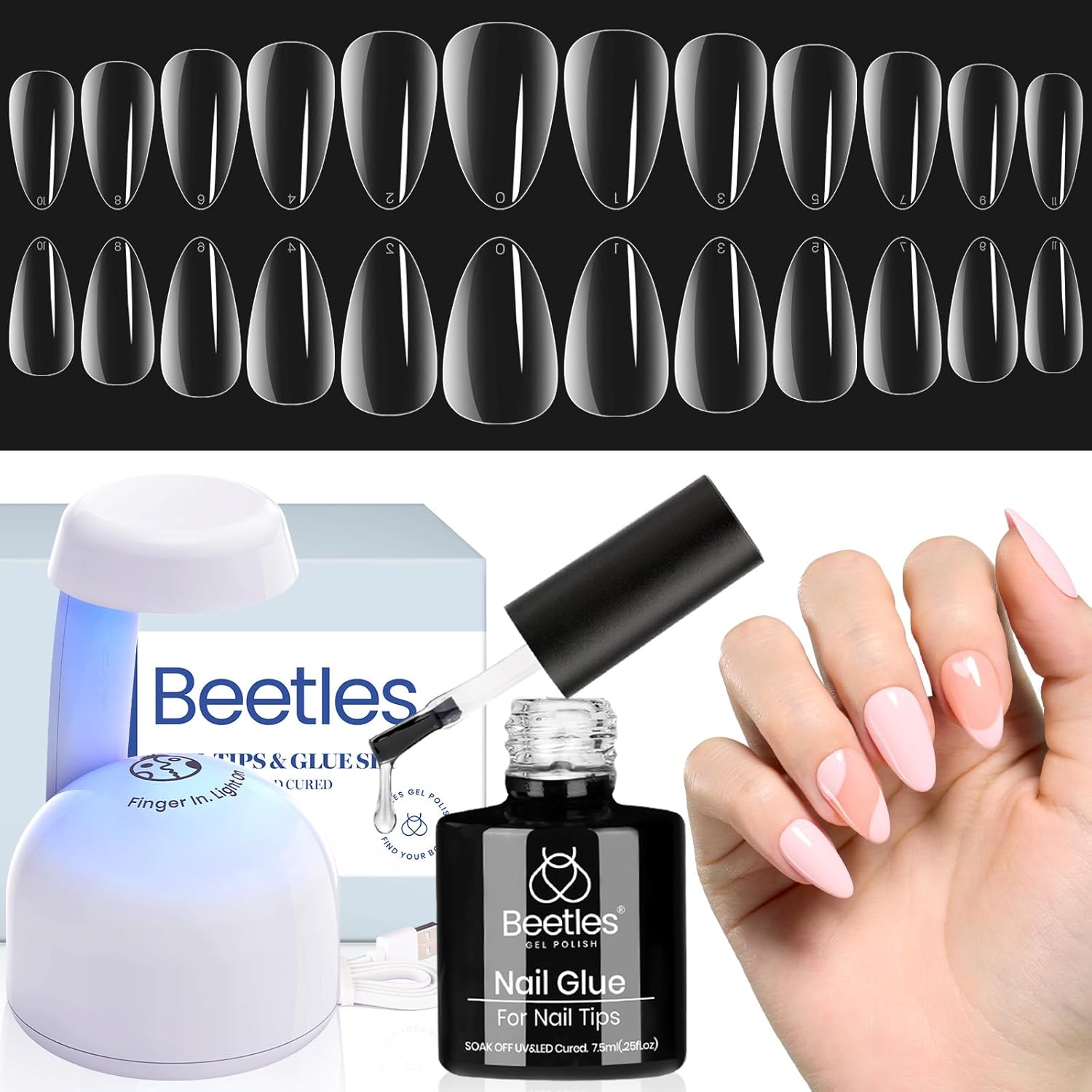 Beetles Gel Nail Kit Almond-500Pcs Gel Nail Kit Easy Nail Extension Set Short Al...