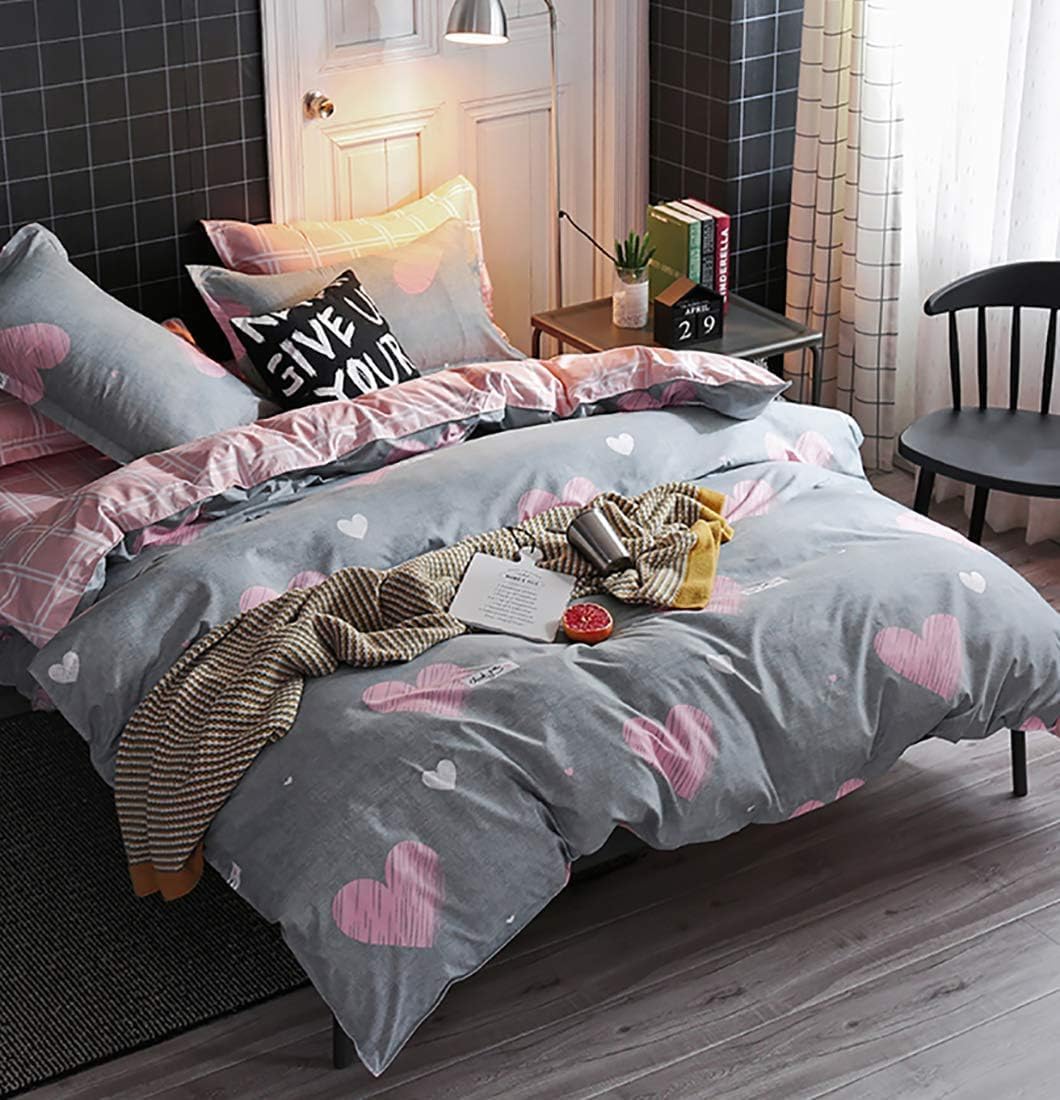 Michorinee Double Duvet Cover Set Pink Heart Printed Grey Bedding Set Microfiber...