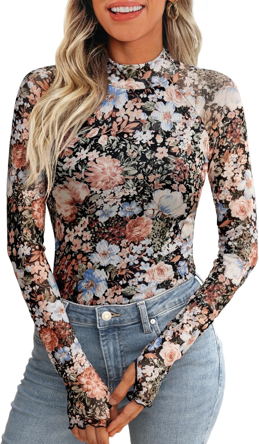Dealmore Lace Long Sleeve Floral Mesh Mockneck Going Out Tops for Women Fashion...