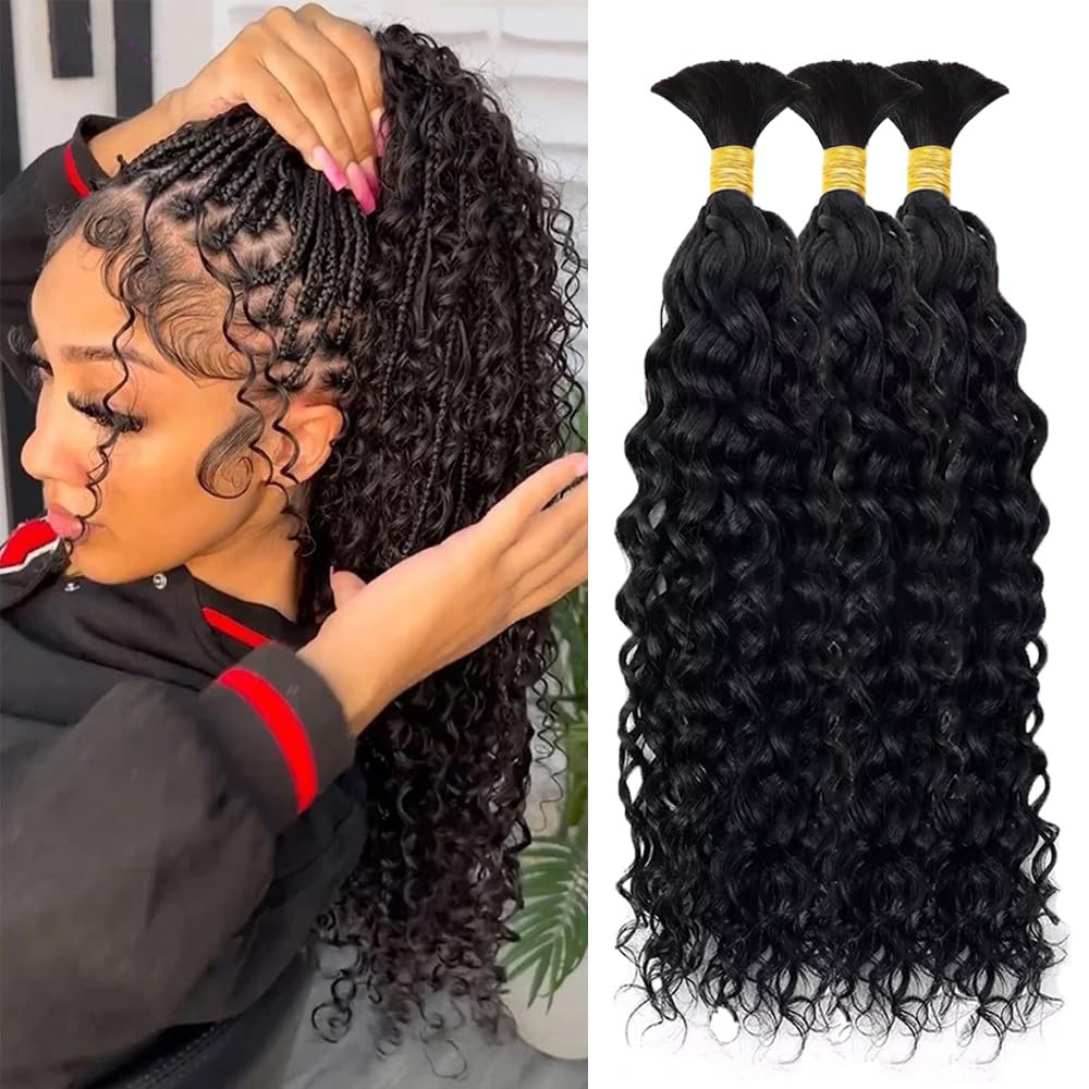 Human Braiding Hair 3 Bundles/Pack 150g Curly Water Wave Human Bulk Hair for Bra...