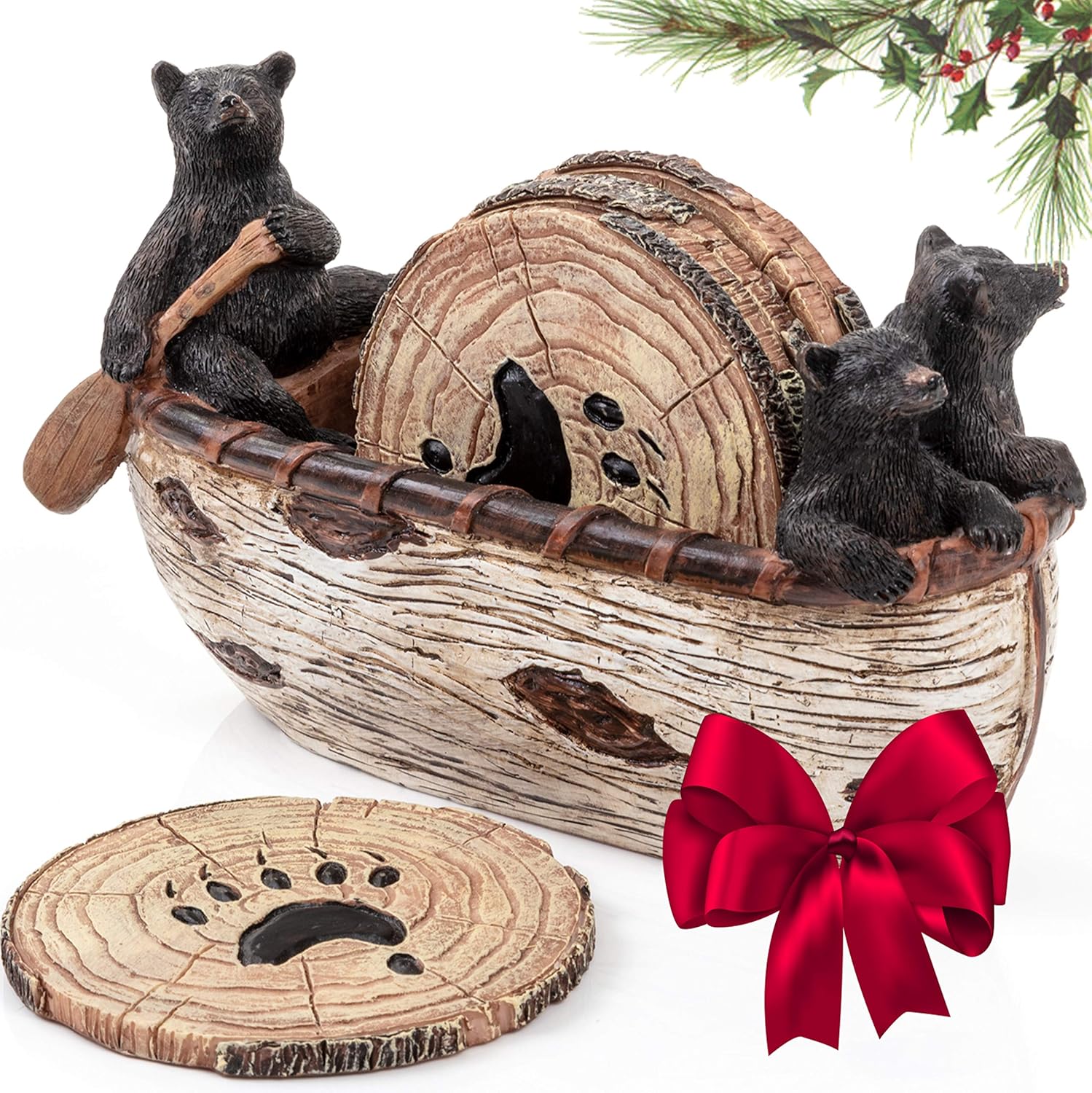 Bear Coasters Set of 6 Full Size Rustic Coasters in Handmade Canoe with Adorable...