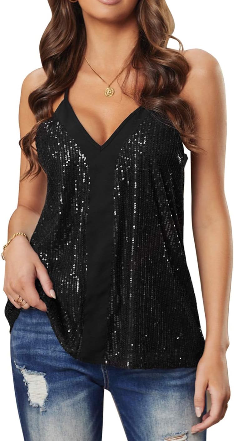 lime flare Women Sexy Sparkle All Over Sequin Cami Tank Tops XX-Large D# Black S...