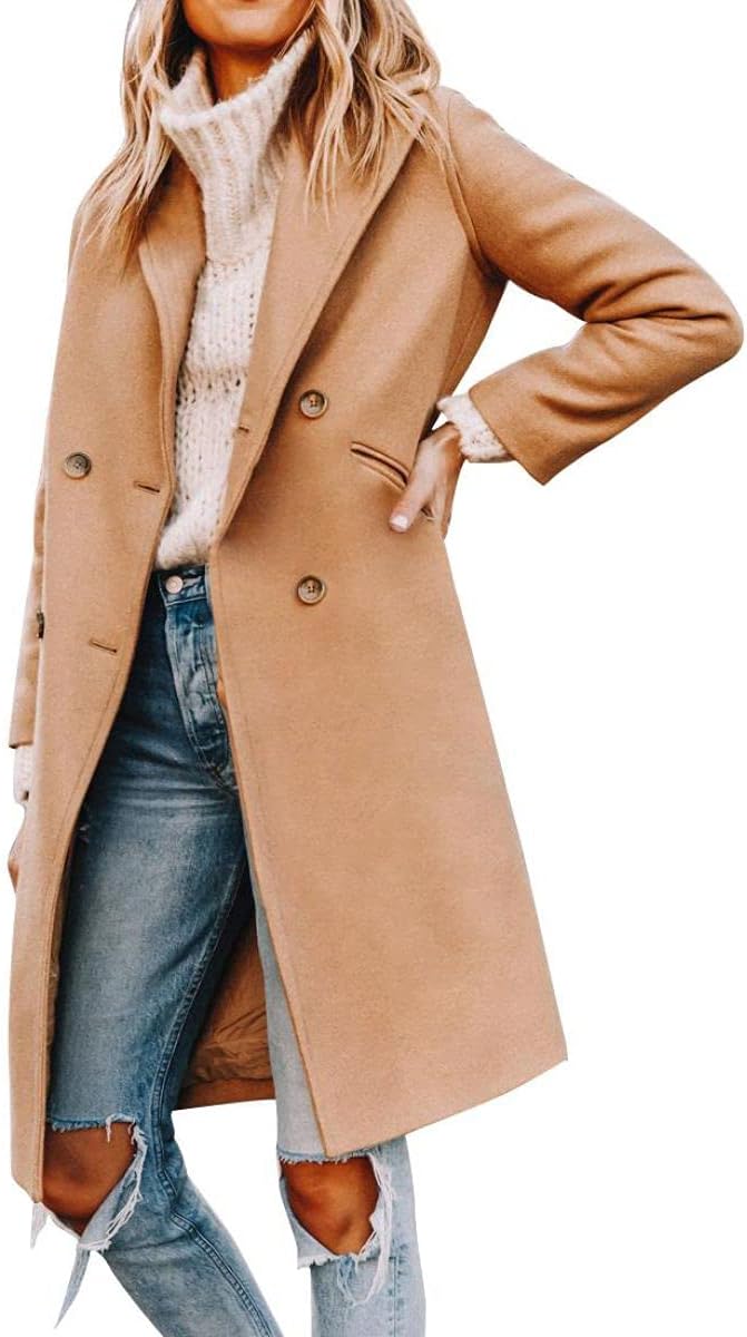 Yousify Womens Notched Lapel Collar Double Breasted Pea Coat Winter Wool Blend O...