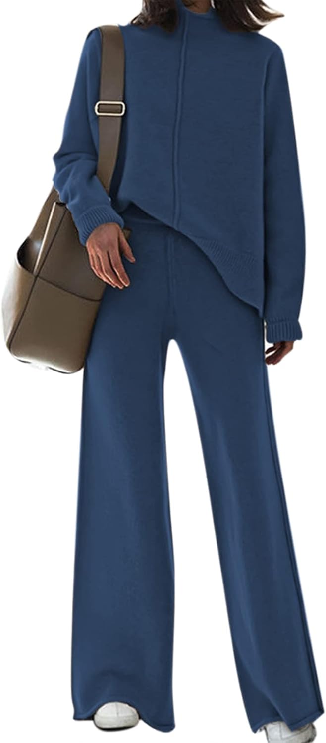 Viottiset Women's 2 Piece Outfits Sweater Set Wide Leg Pants High Neck Sweatsuit...
