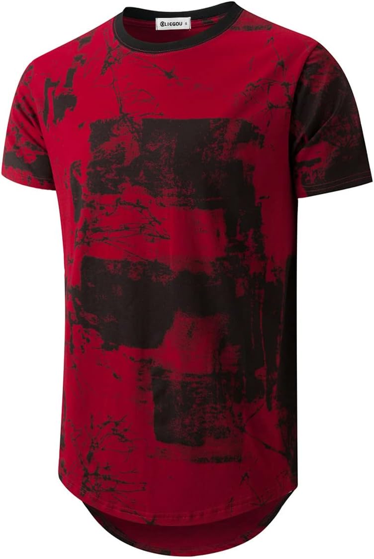 KLIEGOU Mens Hipster Hip Hop Ripped Round Hemline Pattern Print T Shirt Large Re...