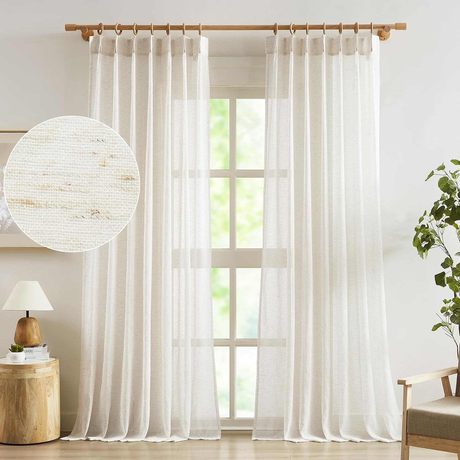 FMFUNCTEX Linen Sheer Pinch Pleated Curtains for Living Room, Linen Flax Beige 9...