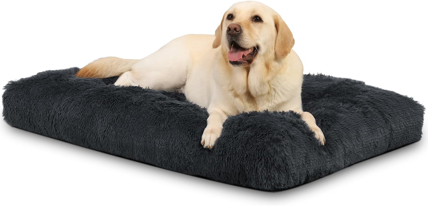KSIIA Extra Large Calming Dog Crate Bed, XL Fluffy Washable Dog Mattress, Long P...