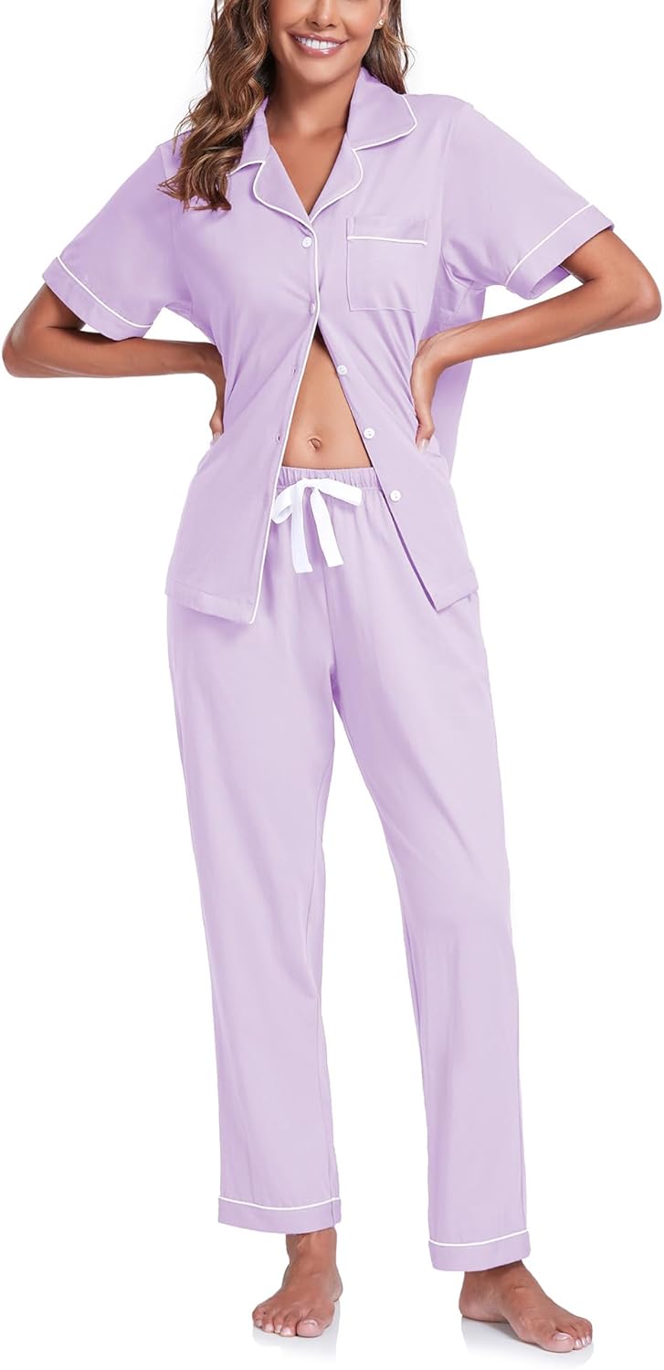 COLORFULLEAF Women's 100% Cotton Pajama Set Button Down Short Sleeve Shirt and L...