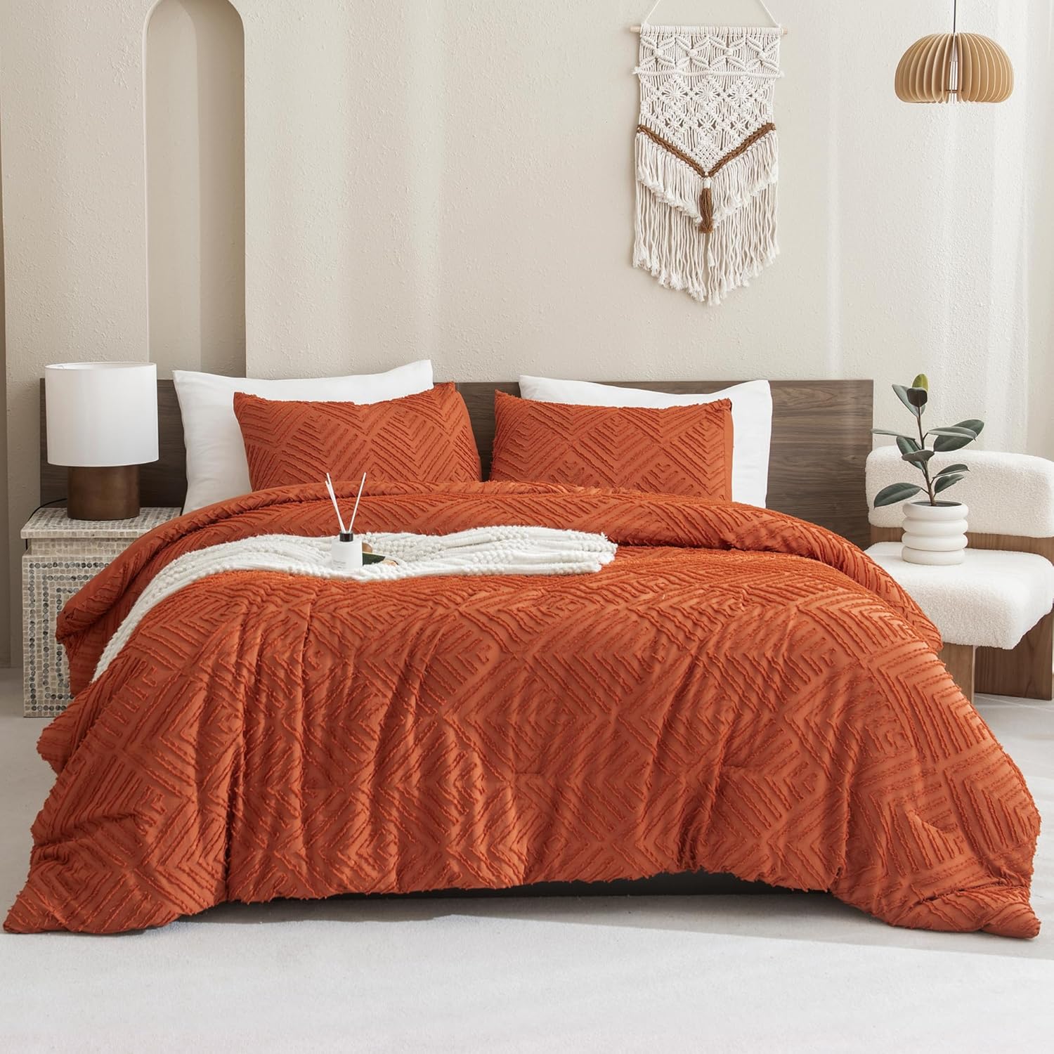 Andency Full Size Comforter Sets Burnt Orange, Boho Lightweight Full Bed Set, Te...