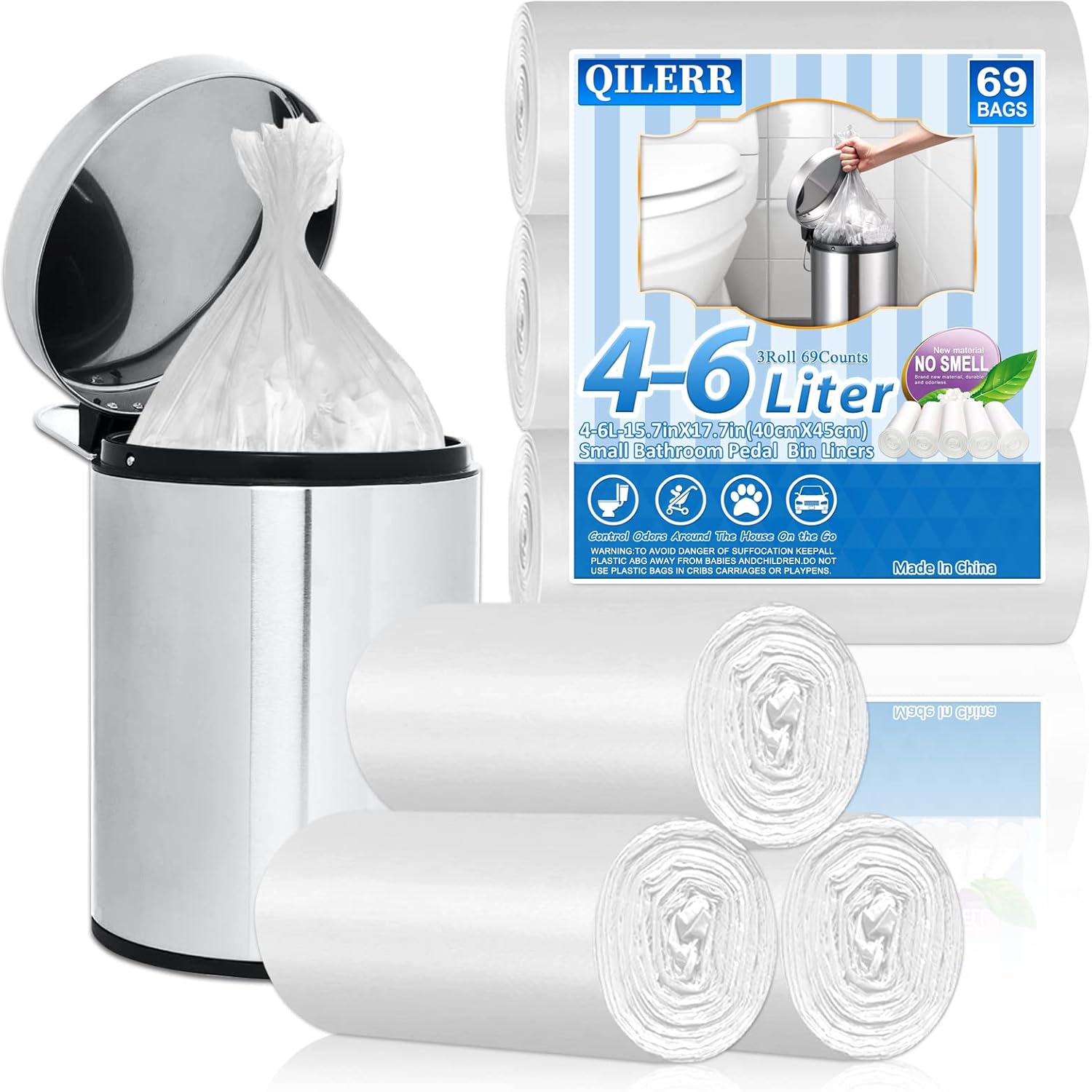 QILERR Small Bin Liners 4-6L Bathroom Bin Bags, 69 Counts Mini Clear Plastic Tra...
