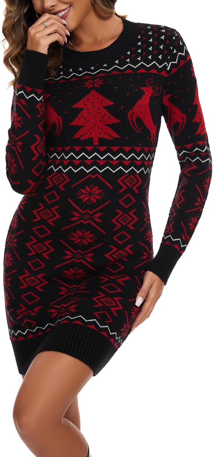 Bresdk Christmas Jumper Dress for Women Knitted Dresses Long Sleeve Sweaters Pul...