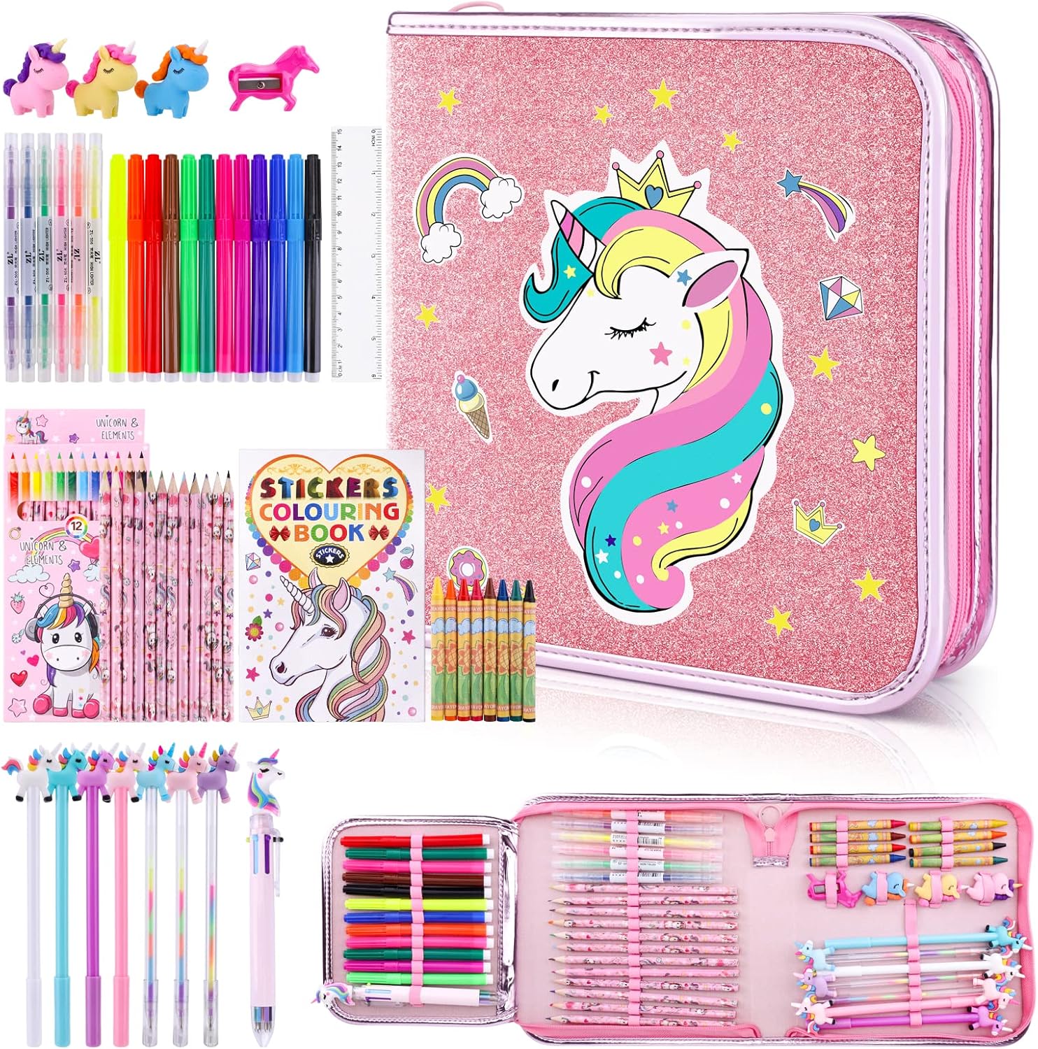 Fruit Scented Markers Set 53 Pcs with Glitter Unicorn Pencil Case & Stationery,...