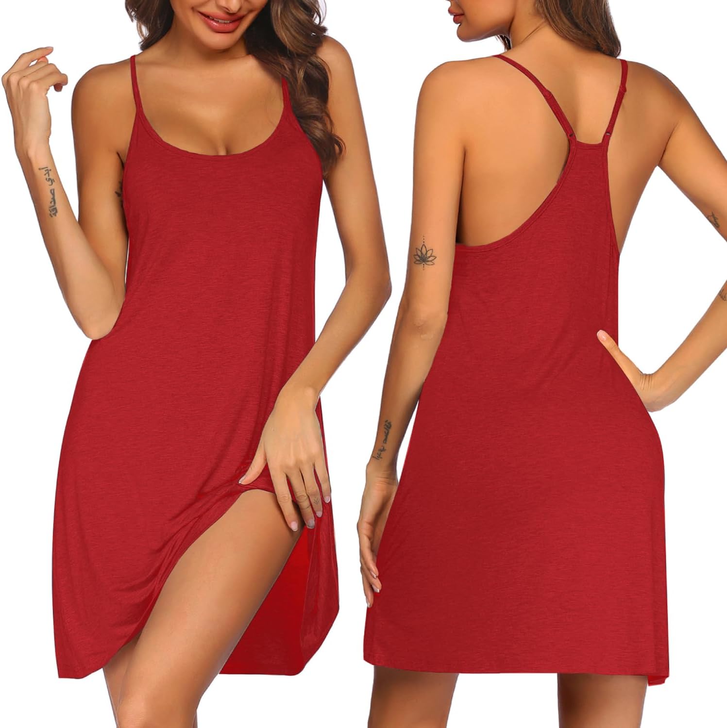 Ekouaer Women's Racerback Sleeveless Nightgown Solid Color Large Red