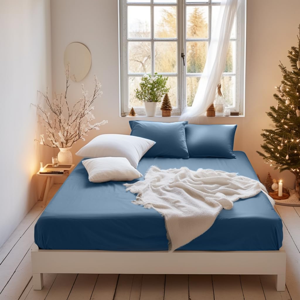 MOHAP Warm King Size Fitted Sheet Denim Blue with Extra Deep 16 inch 40 cm Pocke...