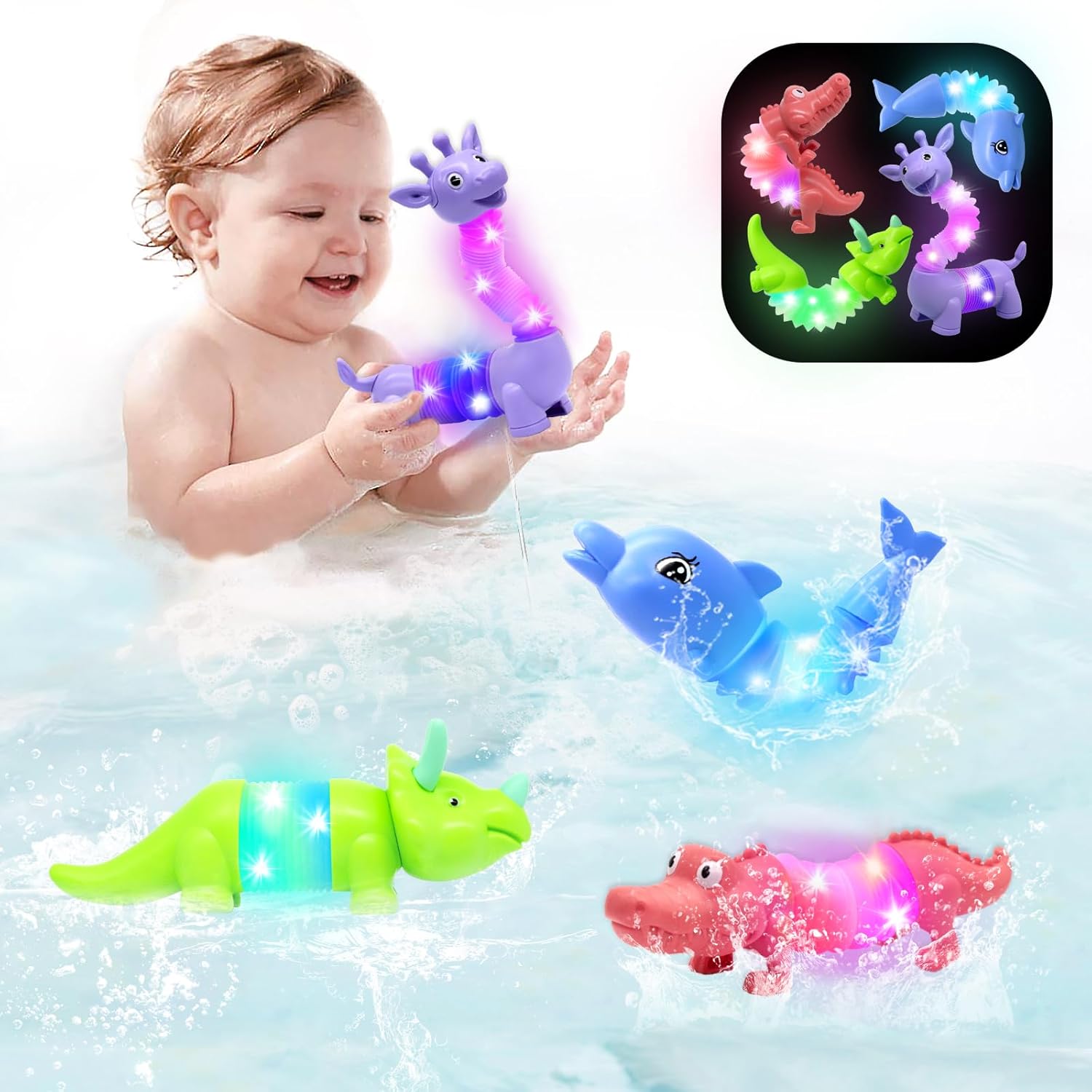 DELEE Bath Toys 4Packs Animal Shaped Pop Tubes Baby Bath Toys with LED Lights Fl...
