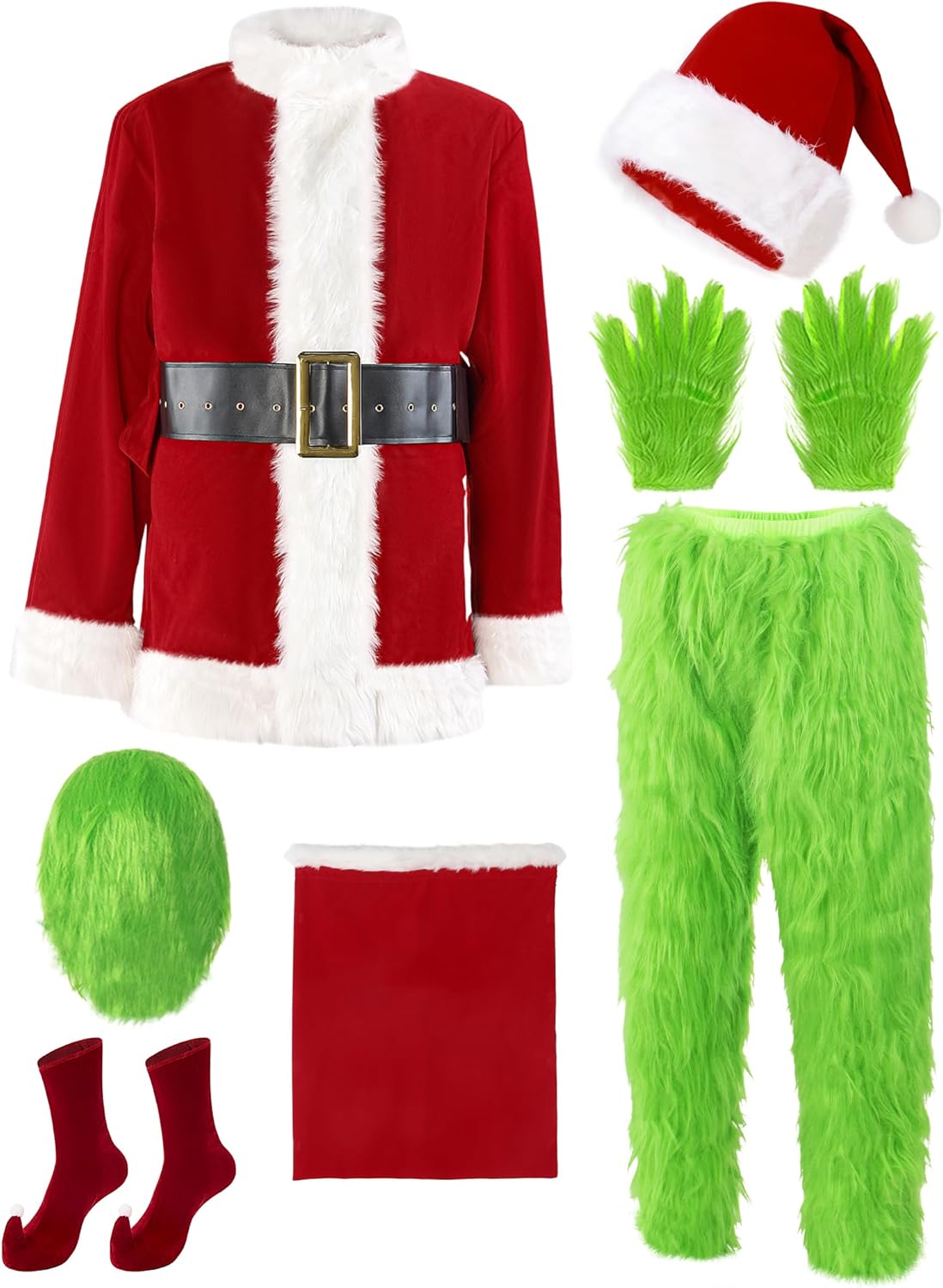 Christmas Costume for Men Santa Suit Adult 8PCS Deluxe Furry Green Giant Monster...