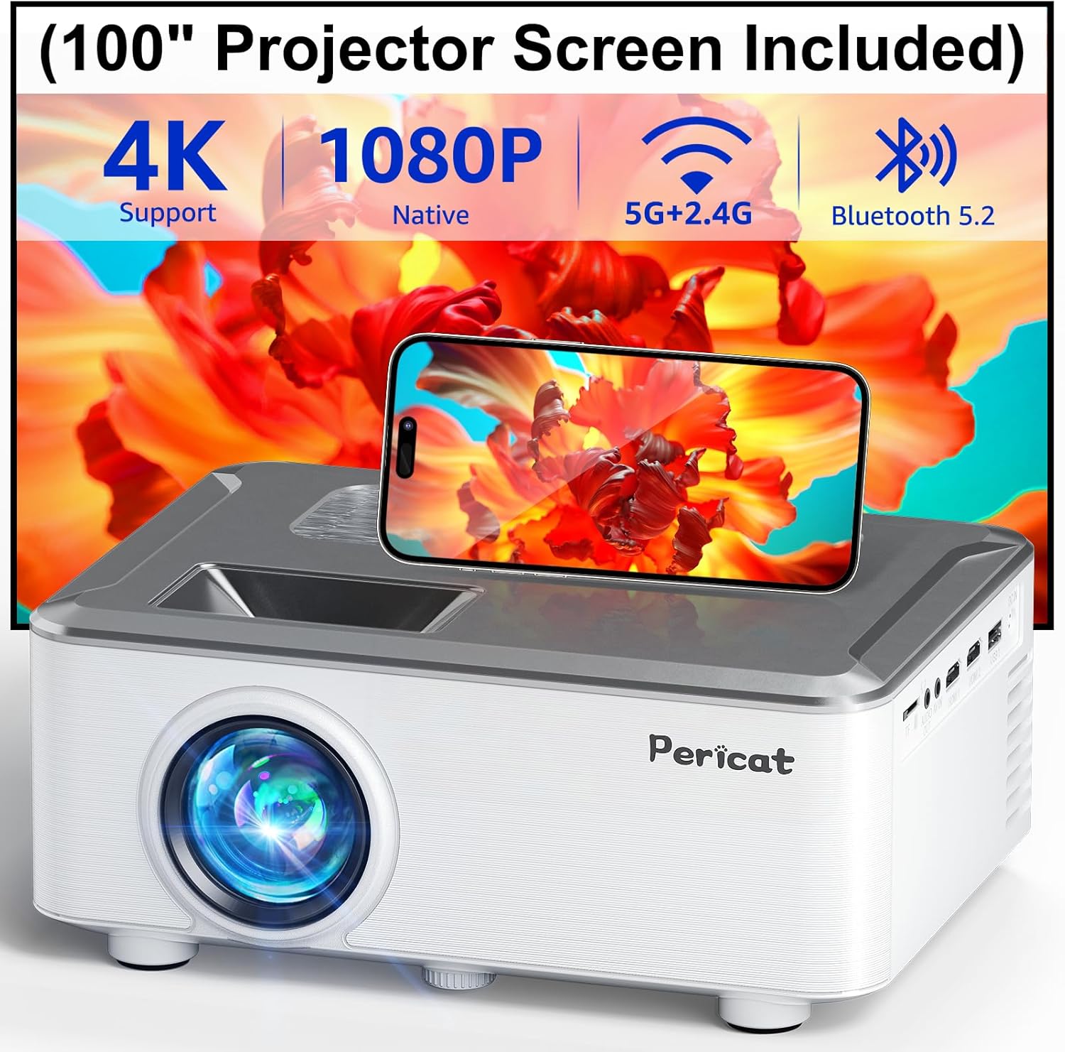 5G WIFI Bluetooth Projector with 100" Screen, 15000L Native 1080P Outdoor Projec...