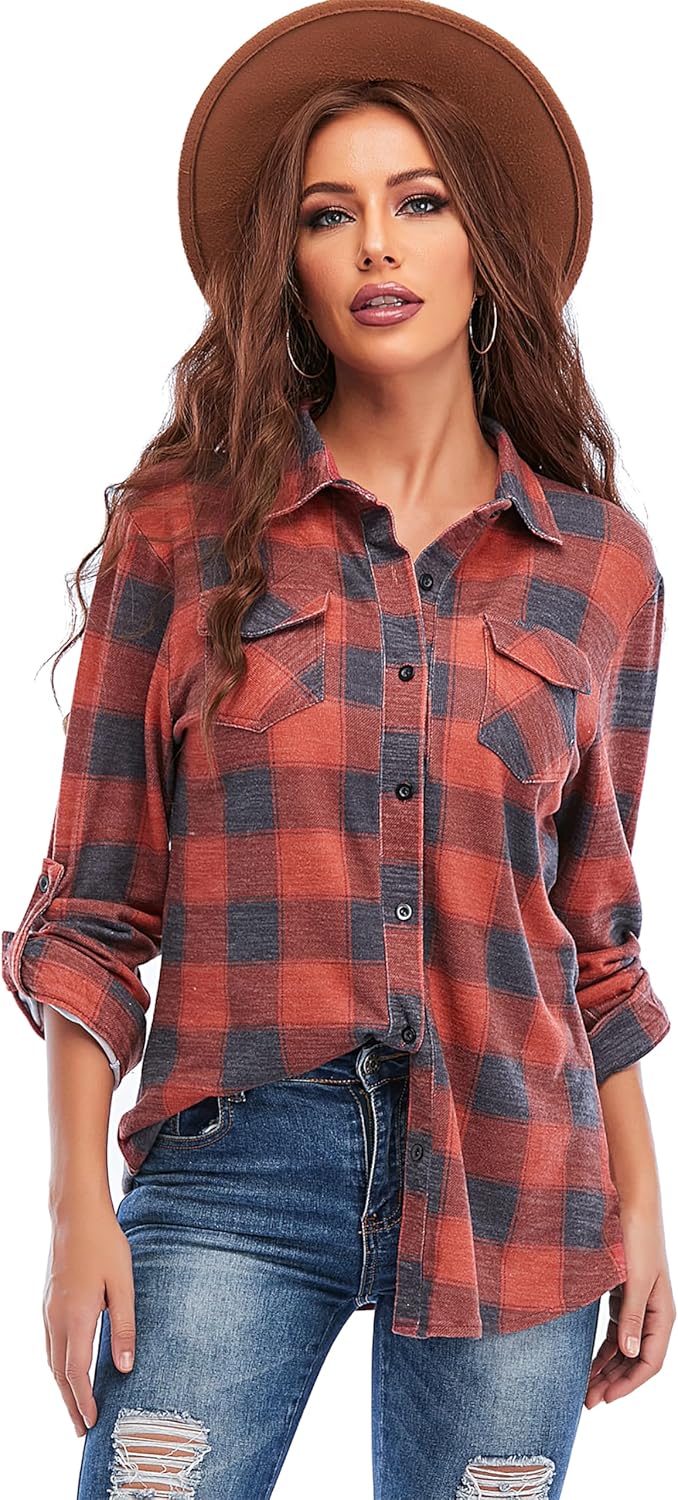 Oyamiki Womens Casual Cuffed Long Sleeve Boyfriend Button Down Plaid Flannel Shi...