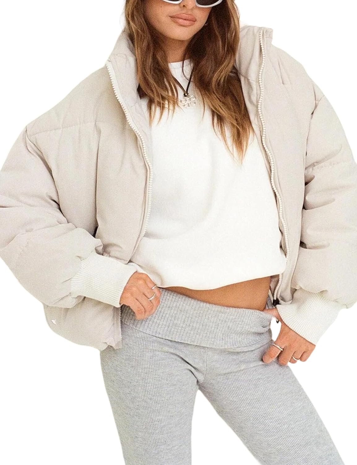 UANEO Puffer Jacket Womens Oversized Cropped Puffy Quilted Winter Jackets Coat B...