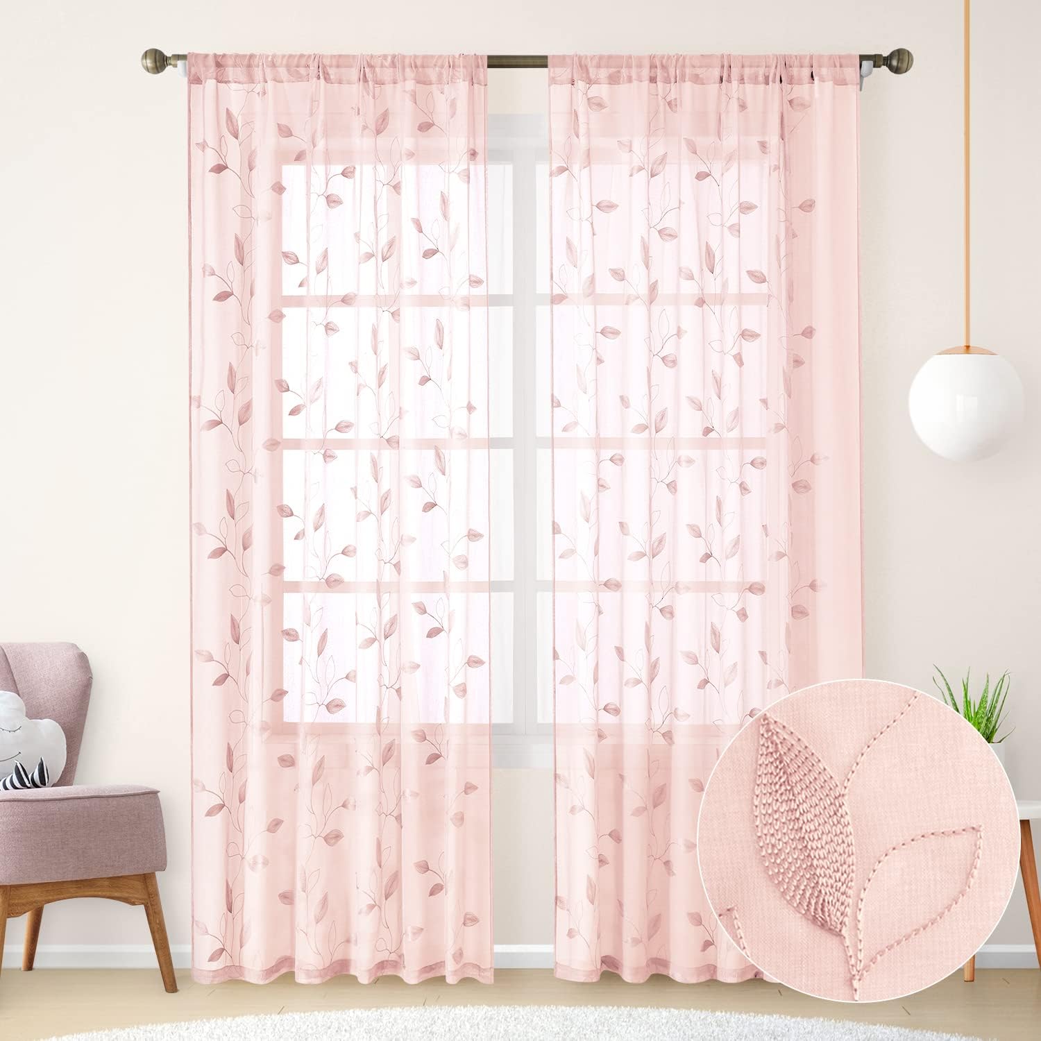 HOMEIDEAS Blush Pink Sheer Curtains 52 X 84 Inches Length 2 Panels Embroidered L...
