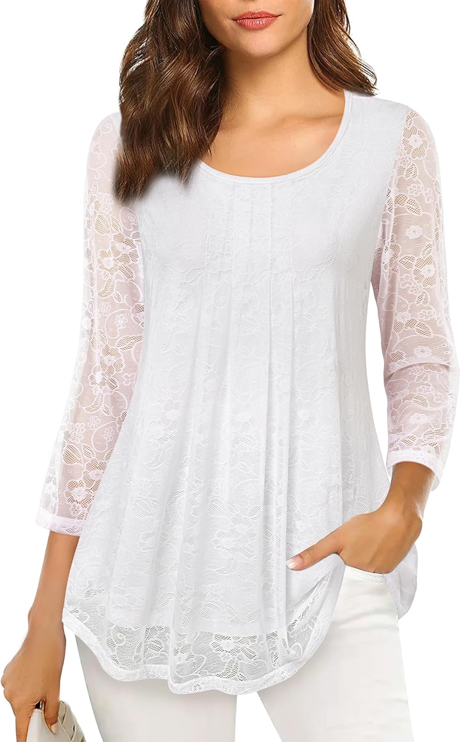 VALOLIA Women's 3/4 Sleeve Tunic Tops Casual Loose Fit Floral Blouses Mesh Pleat...