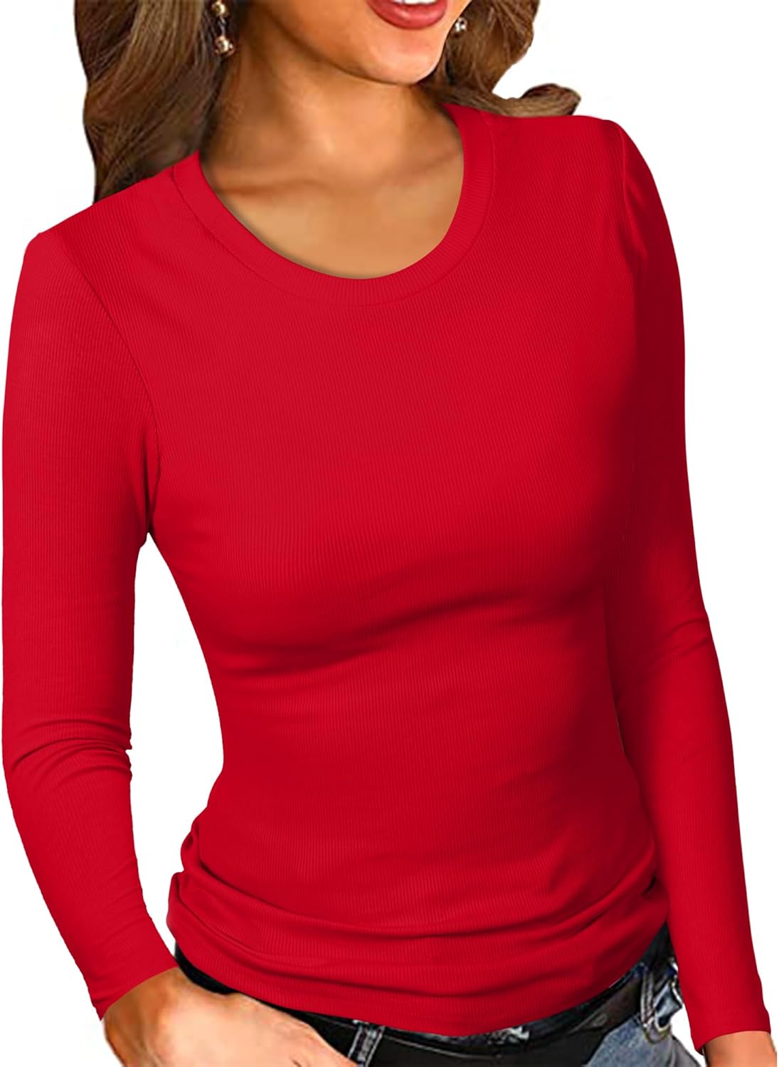 PALINDA Womne's Ribbed Round Neck Slim Fitted T Shirts Basic Solid Long Sleeve L...