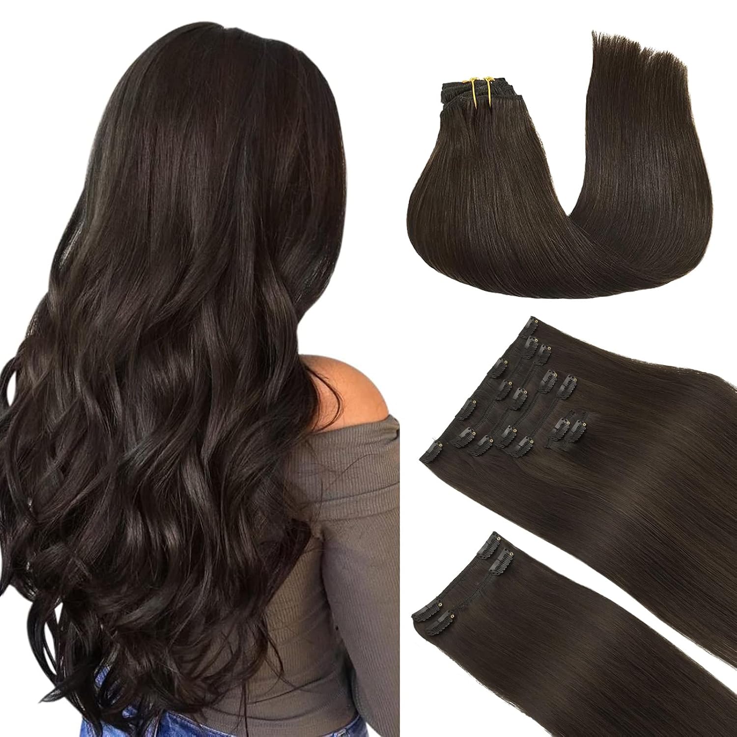 DOORES Clip in Hair Extensions Real Human Hair, Dark Brown 150g 9pcs 20 Inch, Cl...