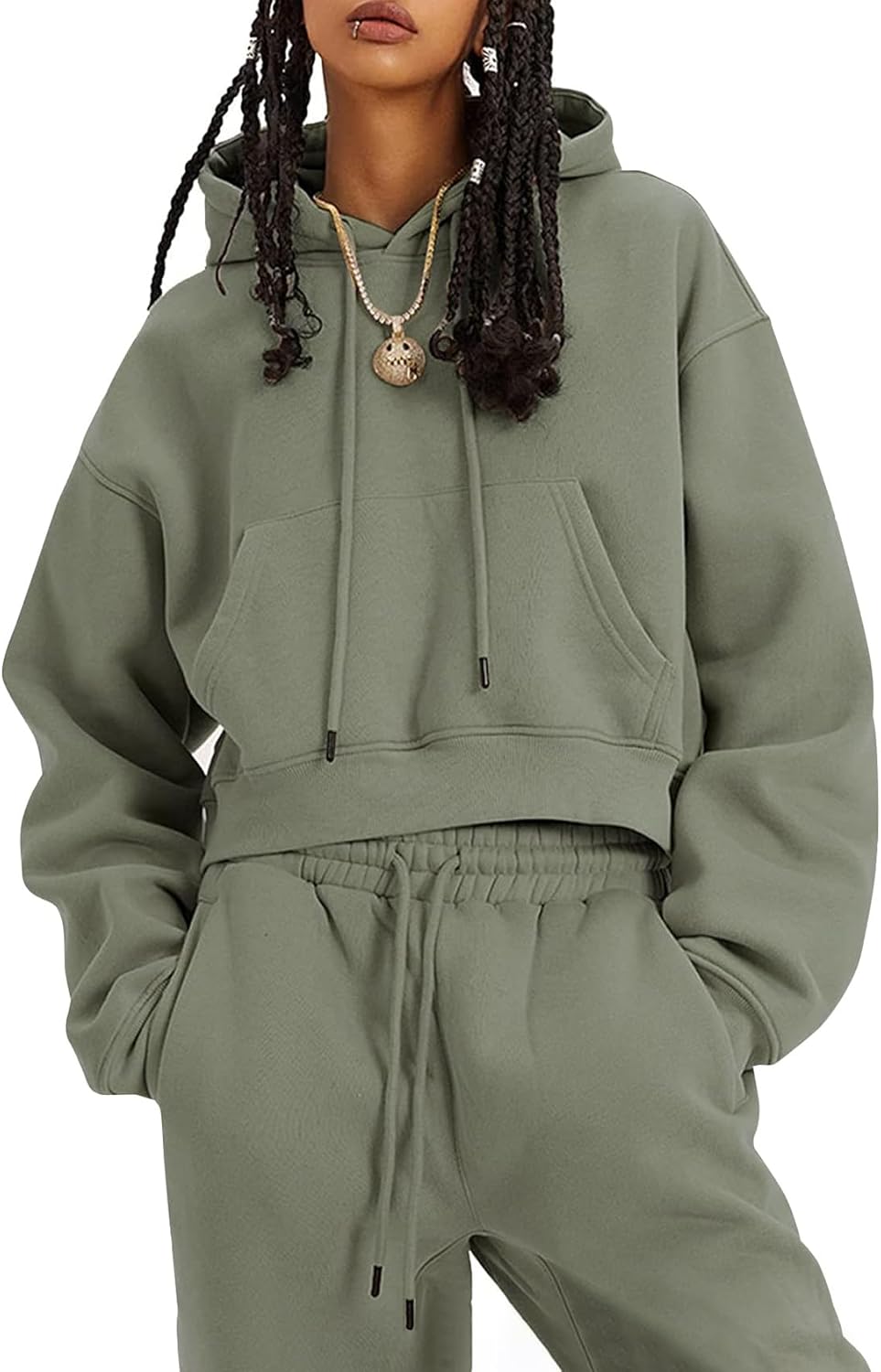 Flygo Womens Fleece 2 Piece Outfits Sweatsuit Crop Pullover Sweatshirt Joggers P...