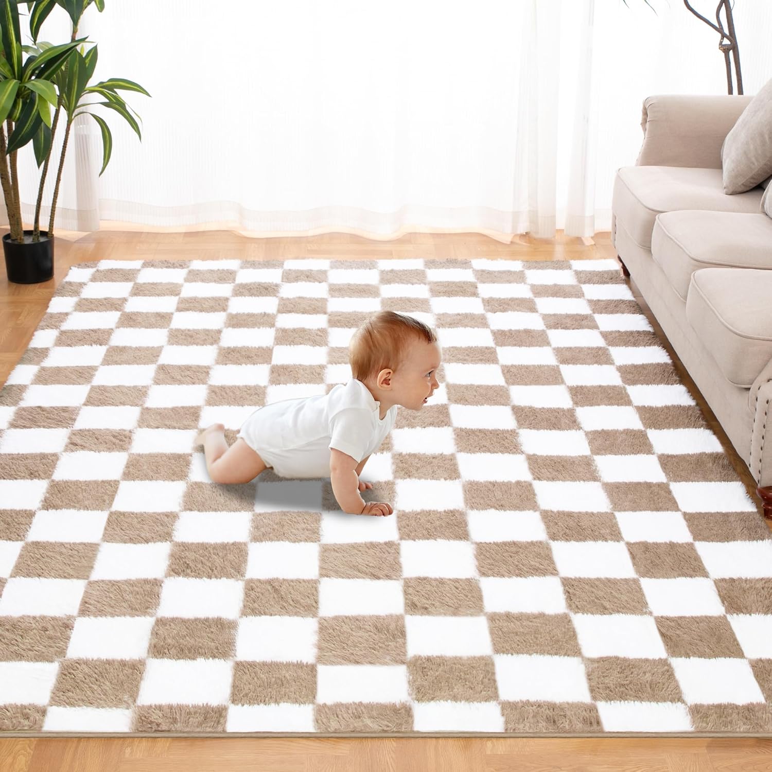 Super Soft Rug for Bedroom, 5x7 Ft Beige and White Area Rug Classic Checkered Sh...